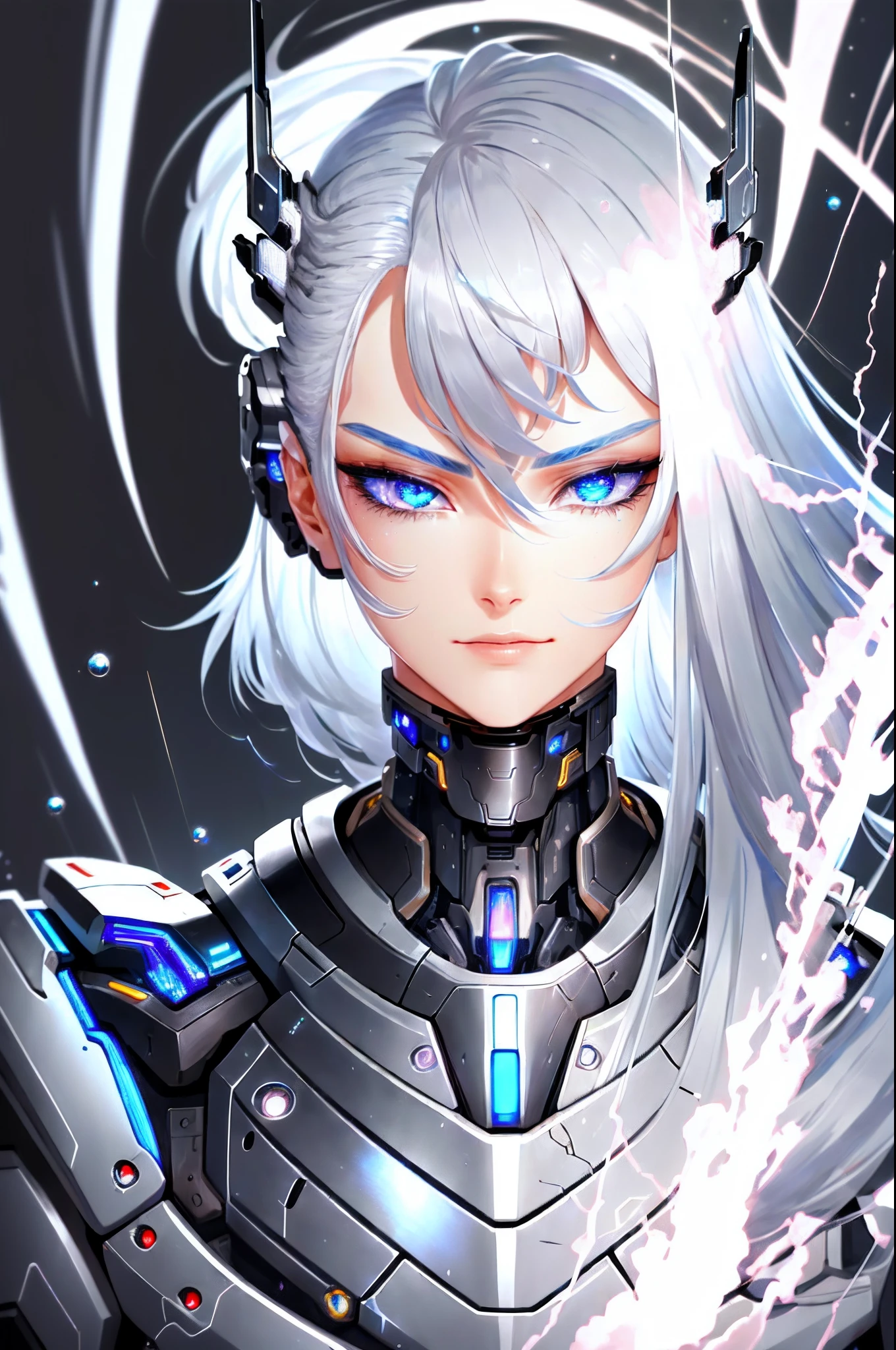 (Masterpiece), (best quality), 8k portrait of beautiful cyborg with silver hair accompanied by black cyborg puma, intricate, elegant, highly detailed, majestic, digital photography, floating droplets, mist, lightning, (masterpiece, finely detailed beautiful eyes: 1.2),