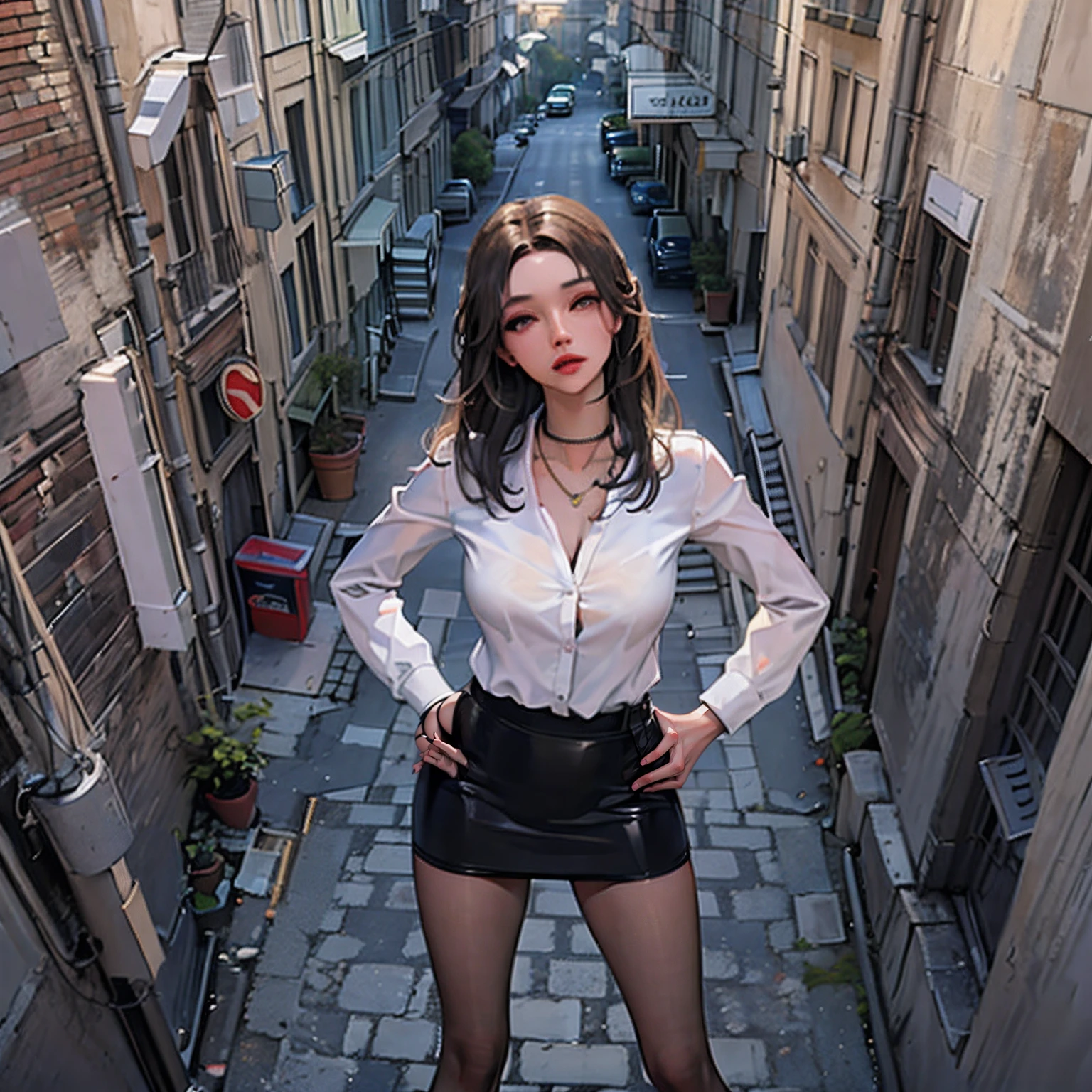 1 tall girl，Full body photo，Stand in a small alley，White tight shirt，Big breasts，pencil skirts，black lence stockings，stiletto，(Long legs:1.7),Extremely tall girl，Above the house，Beautiful looks，Delicatemakeup，Perfect lighting，Cinematic quality，8K,High quality,(minigiantess:1.5),Photos from a top-down perspective