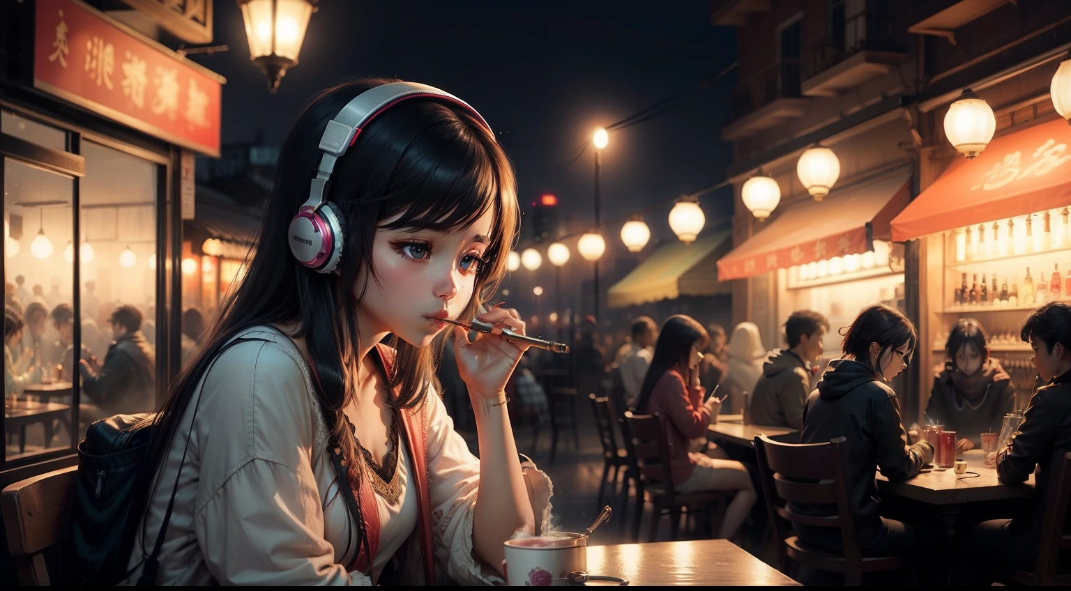 Girl Smoking Shisha、headphones、nighttime scene