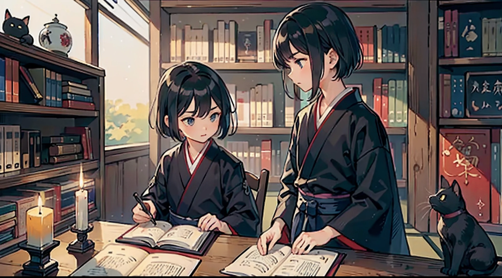 #Quality (intricate-detail、ultra-detailliert:1.2,Masterpiece),
#night sky (darkness of night,no light),
#one writing boy (16 male、writer,Honor Students、A dark-haired、short-hair、hakama,sit flat),
#black room at night (no light,black cat,books on desk,one candle,pretty tatami,a lot of books,bookshelf)