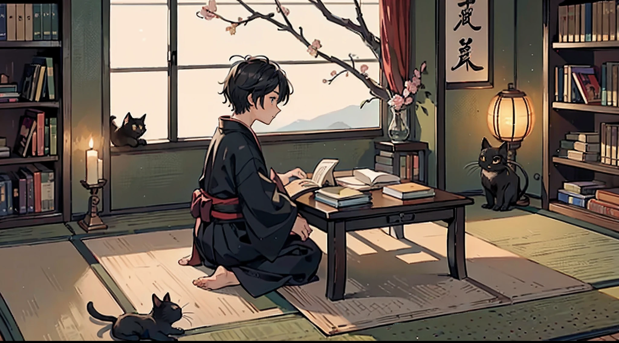 #Quality (intricate-detail、ultra-detailliert:1.2,Masterpiece),
#night sky (darkness of night,no light),
#one writing boy ( male、writer,Honor Students、A dark-haired、short-hair、hakama,sit flat),
#black room at night (no light,black cat,books on desk,one candle,pretty tatami,a lot of books,bookshelf)