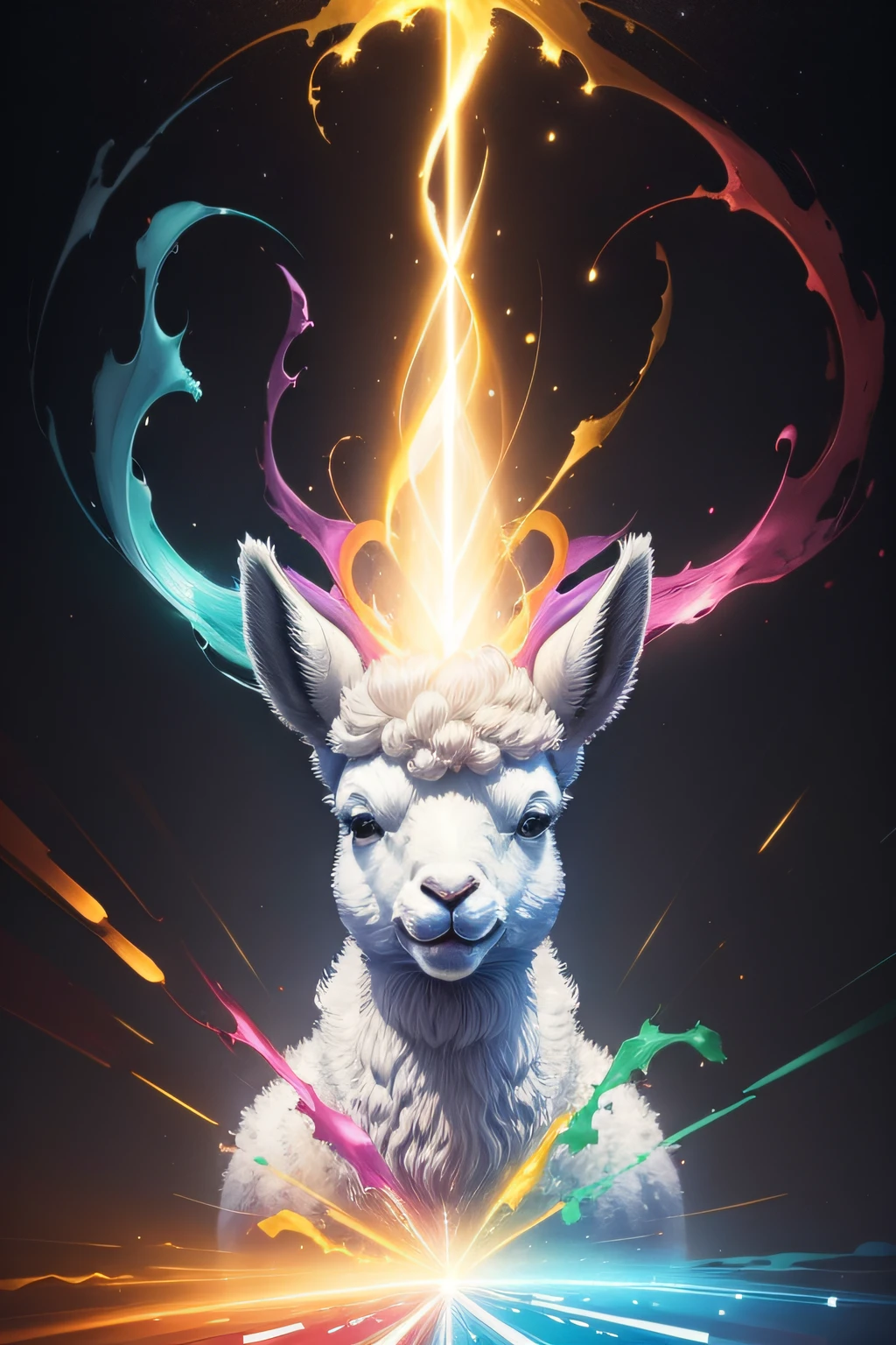 Colorful alpaca painting on light background、The is amazing、Beautiful fece、Multi-cast colorful spells、Bright flash、The Flash