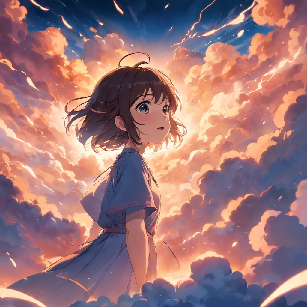 masterpiece, best quality, movie still, 1girl, cloud girl, floating in the sky, close-up, bright, happy, warm soft lighting, sunset, (sparks:0.7)