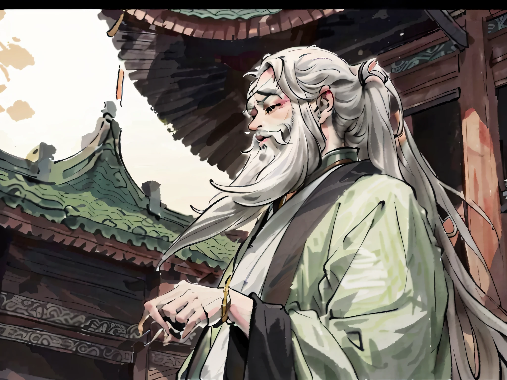 Close-up of a man with a long white beard and white beard, inspired by Wu Daozi, Taoist, Inspired by Hu Zaobin, Onmyoji detailed art, inspired by Zhao Mengfu, Inspired by Cao Zhibai, Taoist master, Inspired by Huang Shen, Guan yu, inspired by Shen Quan, bian lian