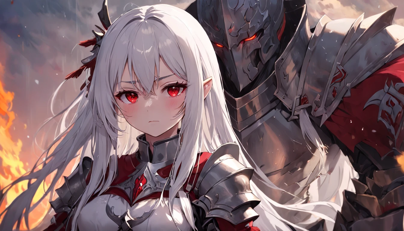 A  girl，White hair and red eyes，long whitr hair，Original Character、fantasy concept art、Best shadow、shallowdepthoffield、Portrait of a noble knight、Dignified、Sad expression，streaming tears，Sophisticated tactical heavy armor、Tassel waistband、Hand Guard、Pauline、High quality armor texture，Stand up，Kneel on one knee，overcast day，Snow，（HighestQuali，astonishing detail：1.25），（独奏：1.3），Brilliant and colorful paintings