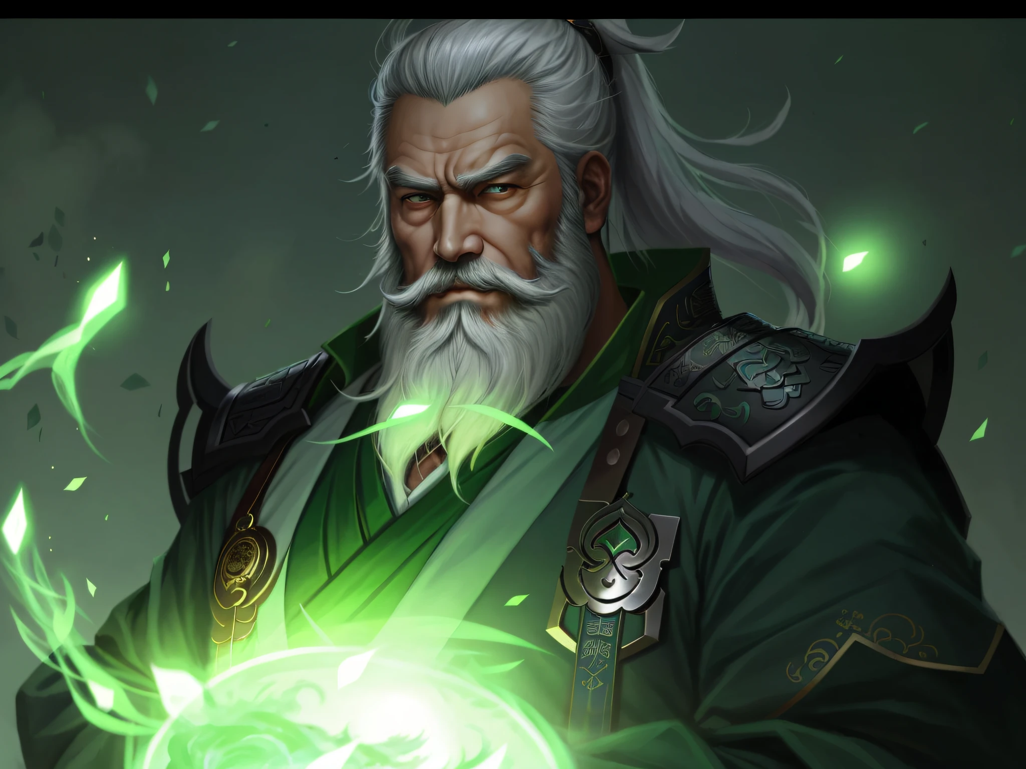 A close-up of a man with a white beard and a green light, Inspired by Huang Shen, olchas logan cure liang xing, Inspired by Hu Zaobin, Guan yu, inspired by Li Gonglin, by Yang J, Inspired by Shen Zhou, G Liulian art style, drak, Inspired by Cao Zhibai, bian lian