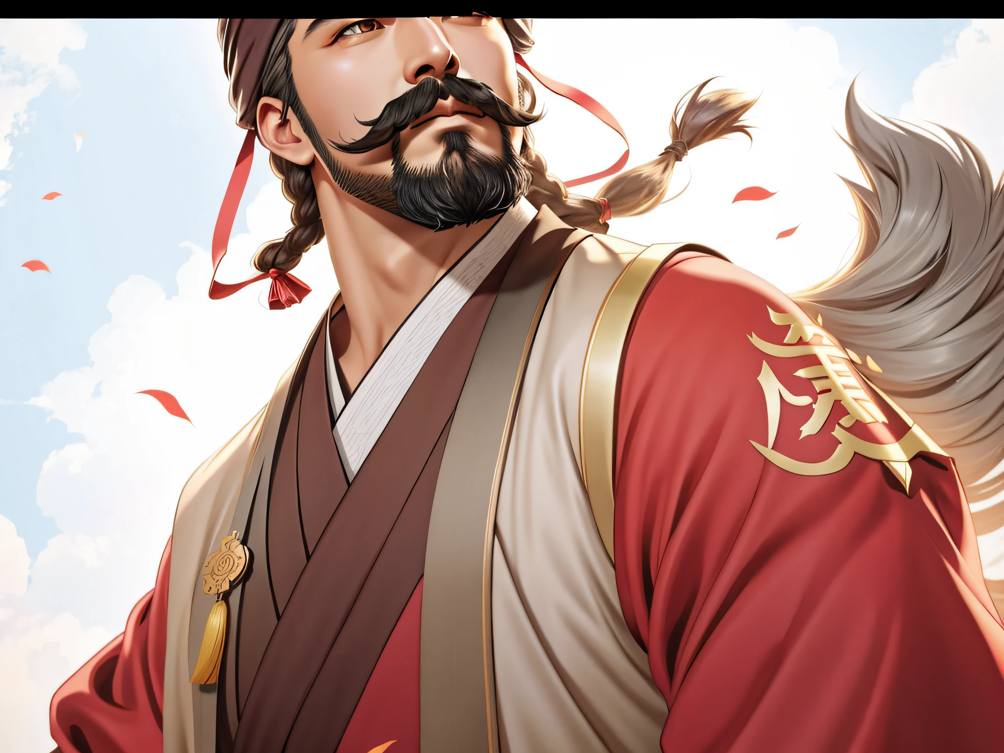 Arafad image of a man with a beard and mustache, 《overwatch》Hanzo in Naka, inspired by Wu Daozi, Inspired by Hu Zaobin, Inspired by Huang Shen, bian lian, Inspired by Cao Zhibai, Artgerm and Atey Ghailan, Keqing from Genshin Impact, ross tran and bayard wu, Guan yu