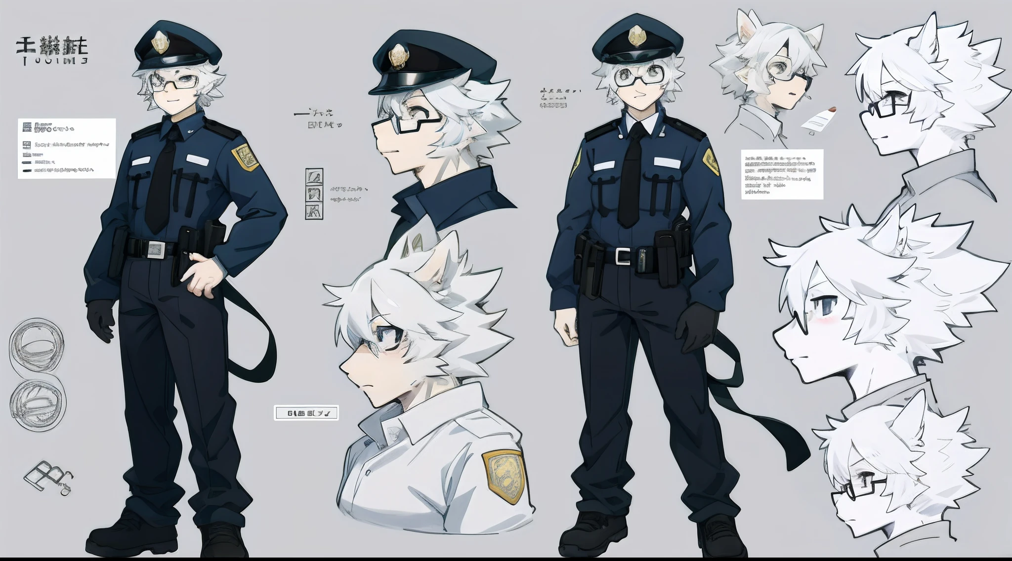 highres, top quality, best quality, paid reward available, High-quality illustrations, unparalleled masterpiece, perfect artwork, absurdres, perfect anatomy, standing kemono boy, three view drawing, front and side and back, character sheet, character design police man!!, anime character, glasses, facial expressions, Detailed description of the character, text,