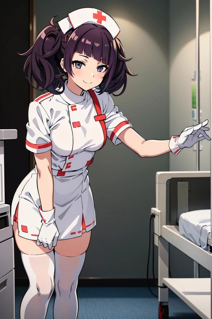 tanaka mamimi, twintails, medium breasts, solo, Nurse, ((White nurse cap, White nurse uniform)), ((White legwear, zettai ryouiki)), White Gloves, Smile, Standing, ((Hospital room)), sharp outline, Short sleeves, Best Quality, masutepiece