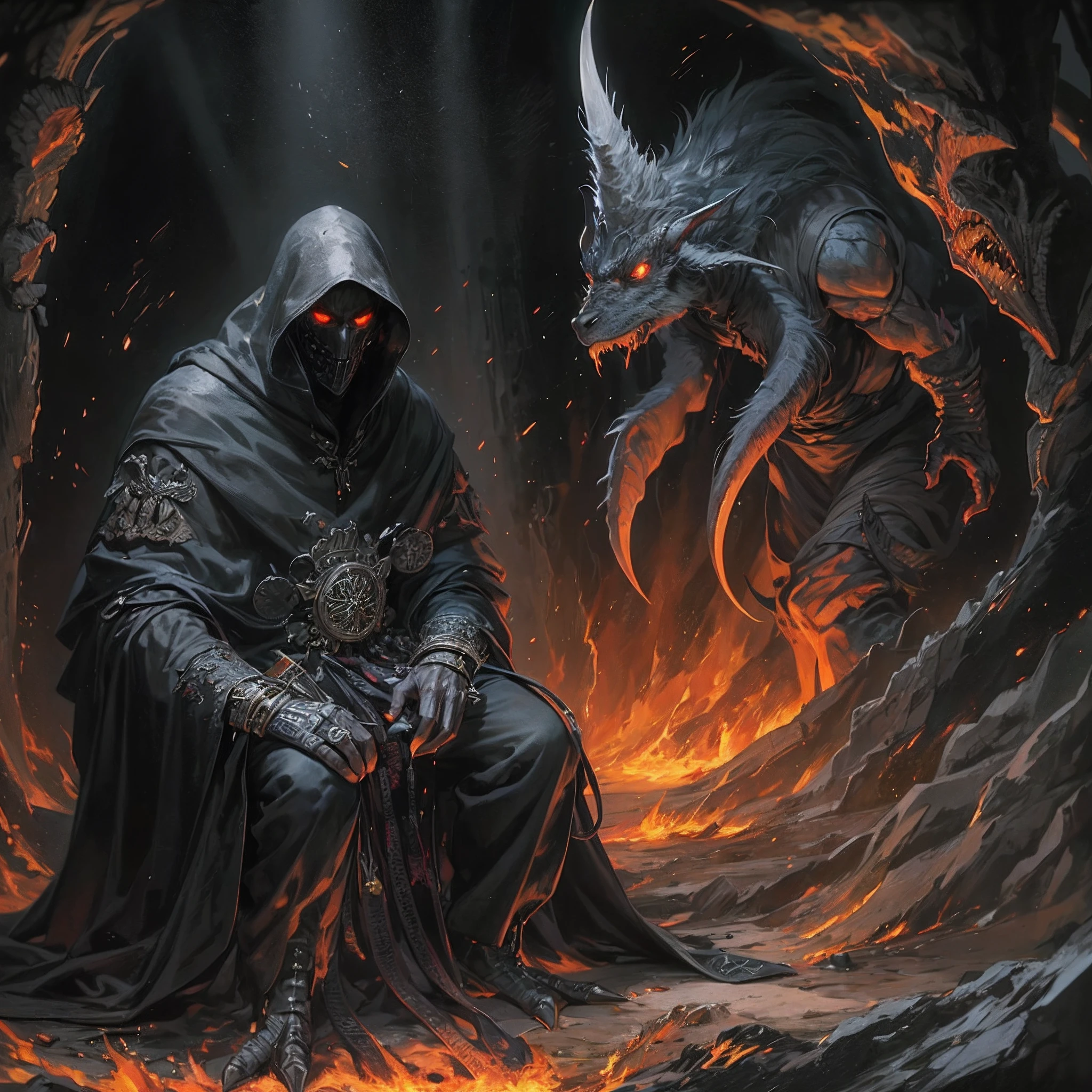 ultra detallado, beautiful and aesthetic, Beautiful, obra maestra , misterio , atmospheric , genial , sobrenatural , La mejor calidad , cueva , 1 hombre , 1 demonic monster , monstruo muy grande , Hombre matando monstruo , The man has a long black hooded robe , He can use magic , El monstruo tiene un cuerno muy grande , Monstruo respira hacer fuego , El hombre tiene una gran espada brillante , fantasy sword , 4 Little monster around the big monster , Magma alrededor del campo de batalla , The battlefield is in Cavern , Toda la cuevaa en llamas , La espada del hombre brilla , Acantilado de mayo y roca en Caverna , Caverna en llamas , (Caverna ultra detallada) , (Magma ultra detallado) , (Cara de hombre ultra detallada) , (Espada ultra detallada) , (Monstruo ultra detallado)