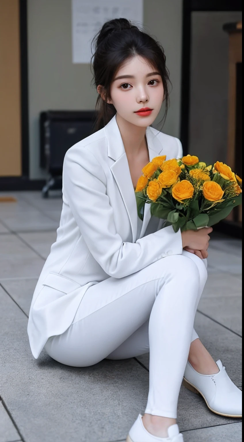 there is a woman sitting on the floor with a bouquet of flowers, smooth white tight clothes suit, ulzzang, in white clothes, sakimichan, gorgeous young korean woman, hot with shining sun, korean girl, trending on cgstation, lovely woman, beautiful south korean woman, trending at cgstation, lovely and cute, beautiful young korean woman