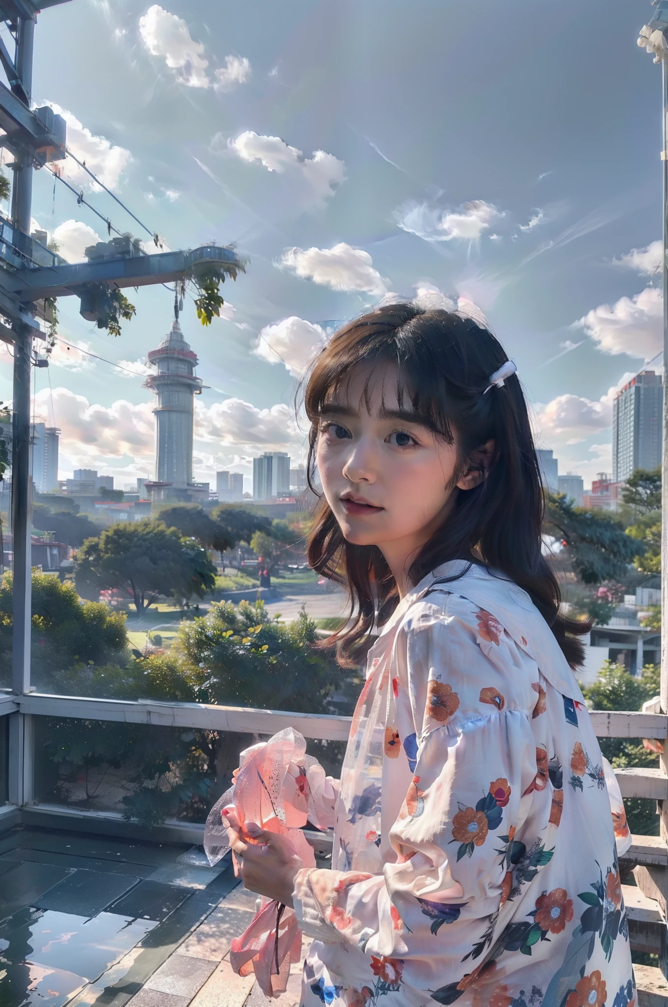 1girl, in middle of bridge, in evening, moon light, barefoot, curtain grab, curtains, covered navel, covered, black hair, sheet grab, standing, smile, solo, tail, lily_\(flower\), looking a viewer, (flat chest:1.2), see-through, solo, beautiful and delicate detailed girl, illustration, unity 8k wallpaper, masterpiece, best quality, (upper body:1.6),