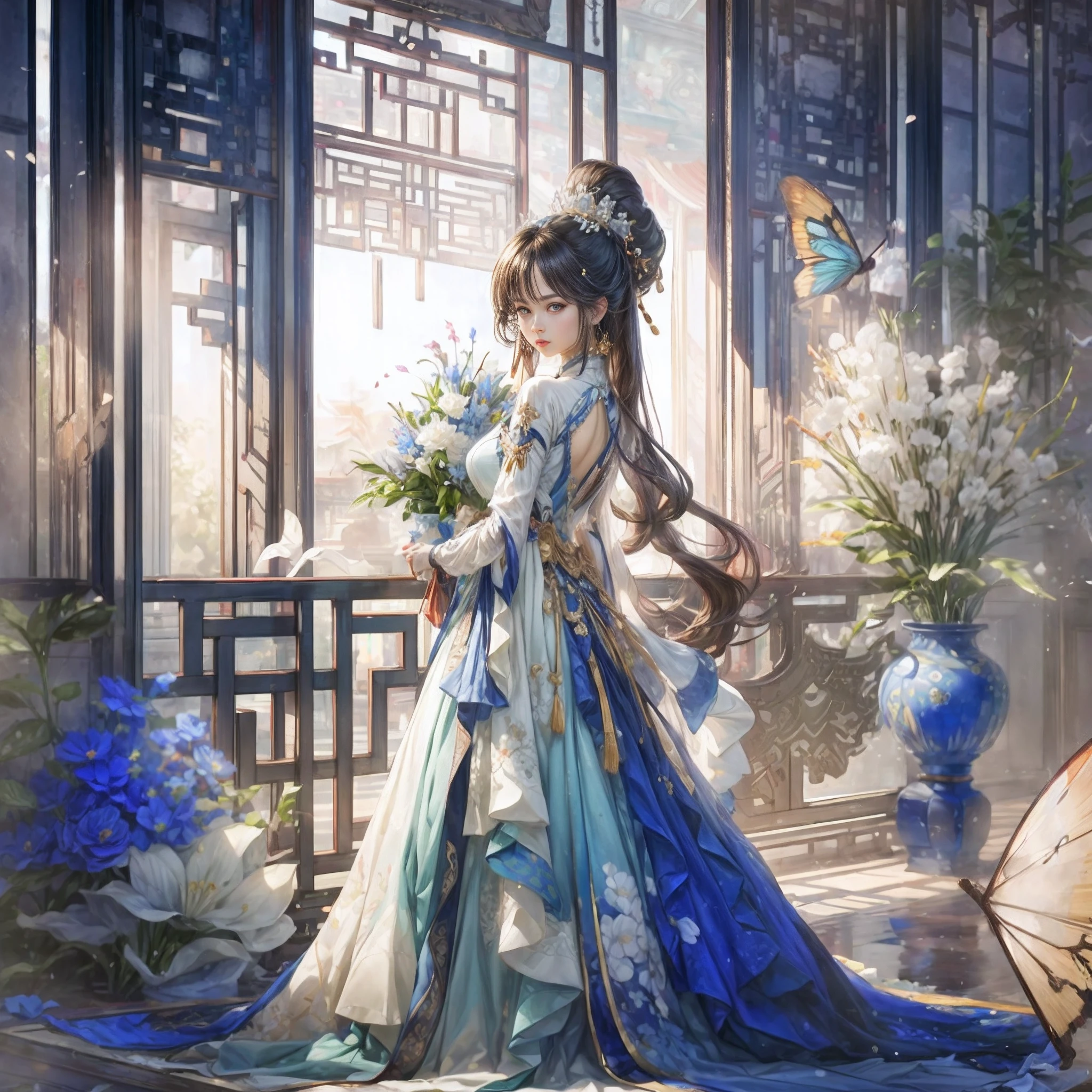 Beautiful digital artwork, 8k high quality detail art, elegant film fantasy art, (a beautiful fantasy queen), colorful Chinese ink style, a woman, holding a golden folding fan in her hand, wearing a white and blue skirt, blue and white porcelain style, surrounded by flower arrangement artworks, porcelain vases filled with flowers, standing in a wooden window, the palace, super wide Angle lens, Character focus, imaginary focus
