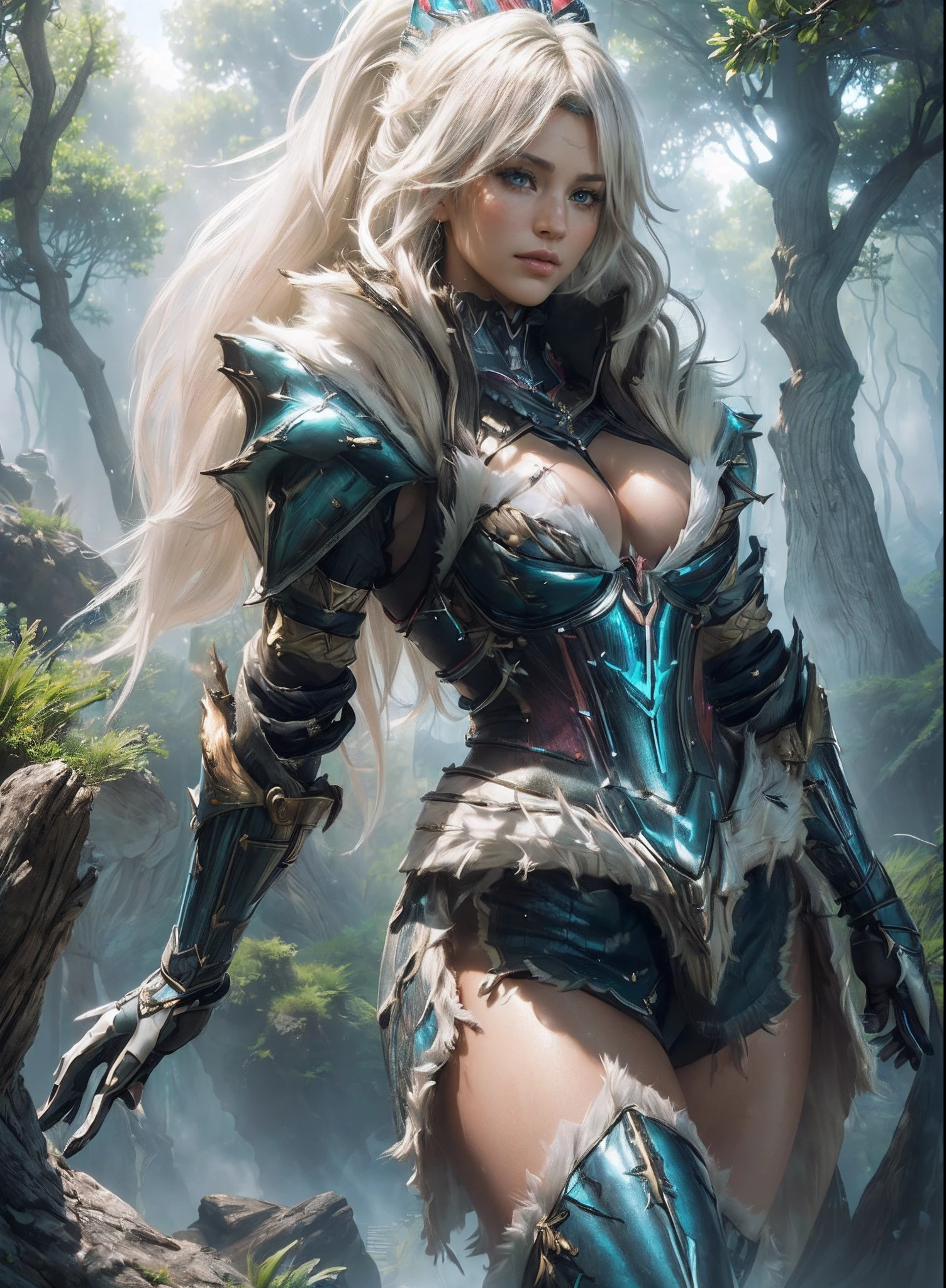 ((((of the highest quality:1.4))),,(unparalleled masterpiece ever), (Ultra high definition), (Ultra-realistic 8K CG), Engaging pose,Beautiful Female Ranger ,Seen from below,, stunningly beautiful face, (muscular body:1.2),Fantasy worldview,(Magical mystical background, Ethereal fog, Faint darkness), The tree々Sunlight in between adds depth to the image ,Highly detailed Nergigante Armor, 8 life-size,, Messy platinum hair:1.2, in woods, Wind-effect, Ultra realistic cover photo awesome full color, (Hyper Detail: 1.2), , Perfect Anatomy, Cinematic,,