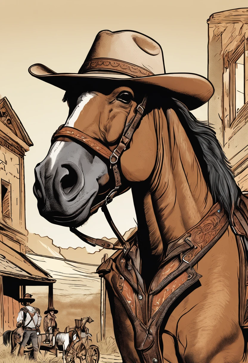 chimpanzee dressed on cowboy attire, chaps, boots, western hat, sunglasses, holster, wearing sunglasses, on a palomino horse in an old time western town, 8k,