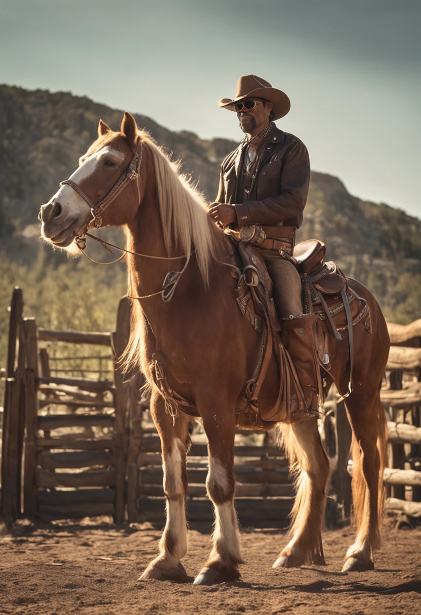 chimpanzee dressed on cowboy attire, chaps, boots, western hat, sunglasses, holster, wearing sunglasses, on a palomino horse in an old time western town, 8k,