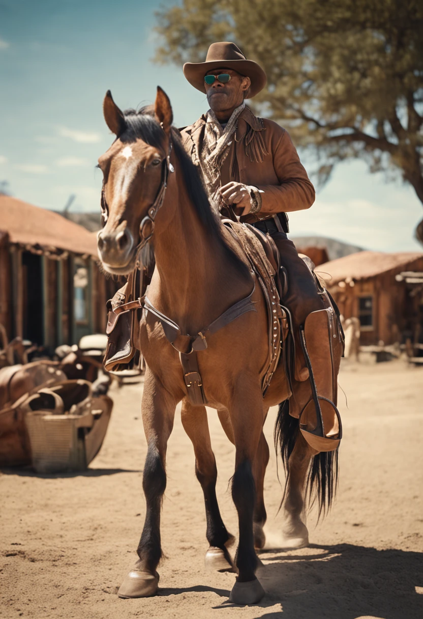 chimpanzee dressed on cowboy attire, chaps, boots, western hat, sunglasses, holster, wearing sunglasses, on a palomino horse in an old time western town, 8k,
