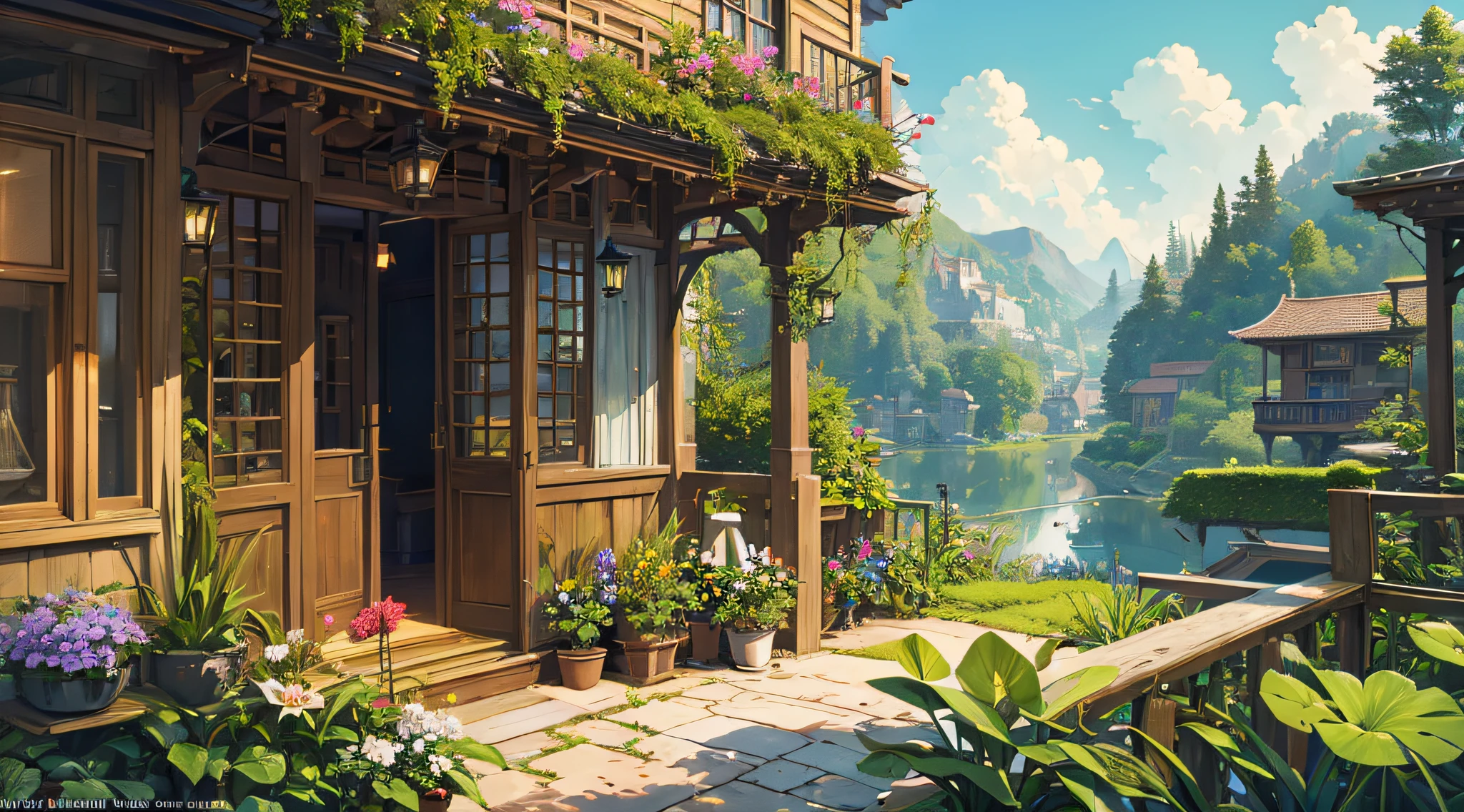 (micro-landscape:1.5),(best quality), ((masterpiece)), (highres), illustration, original, extremely detailed wallpaper, no humans, window, scenery, plant, water, potted plant, outdoors, building, door, house, flower pot, day, lily pad, chair, flower, table, stairs, watermark, hat, tree, sunlight, pond, grass, indoors, reflection, lamp, balcony, black headwear, bush, sky, railing, desk, open window, shelf, leaf, book, web address, copyright name, ladder, architecture, shadow, solo, dated, vines, vase, city, cafe, lantern, bucket, ruins, bench, shop, signature, moss, boat, barrel, river,