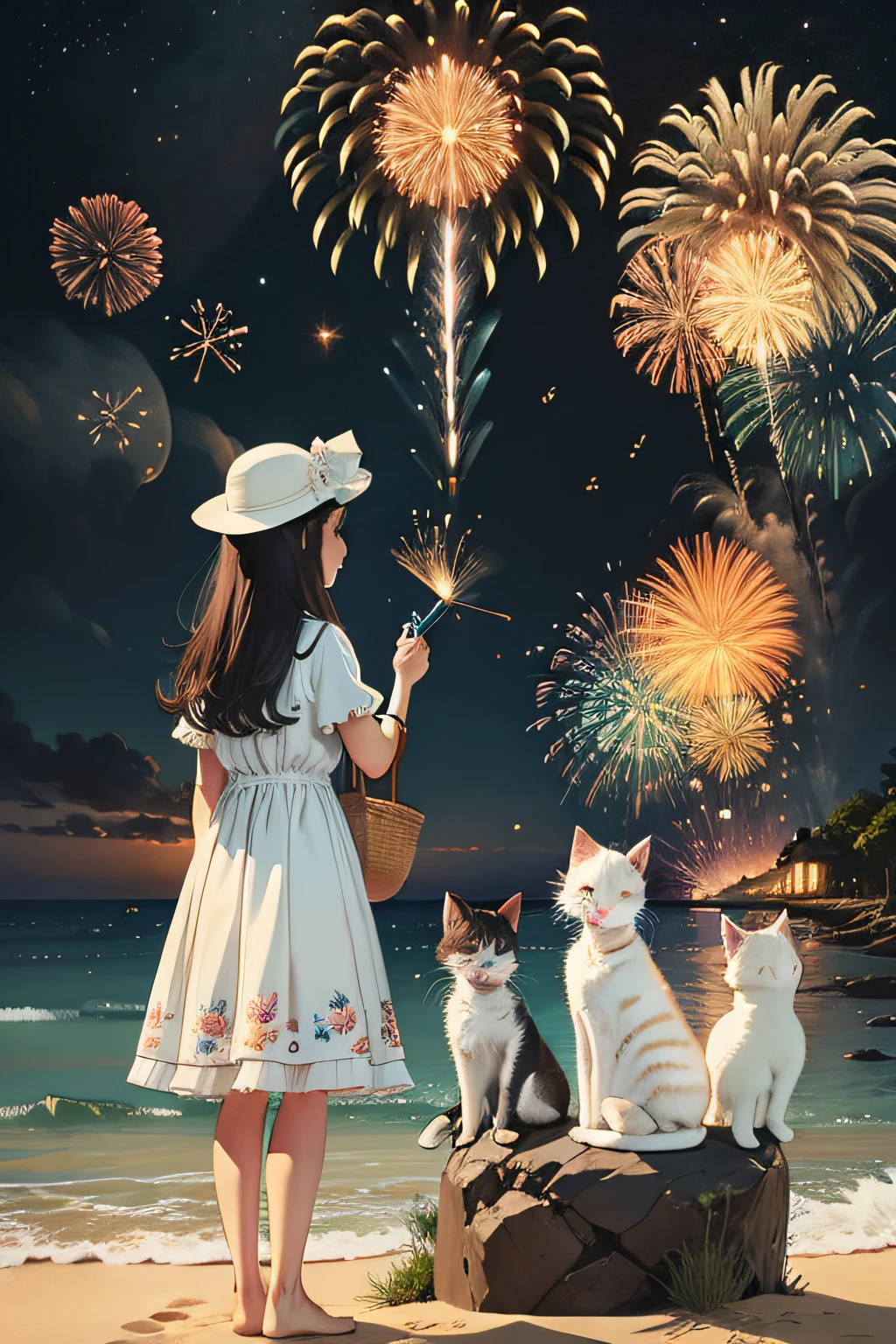 Maiden setting off fireworks by the sea，Surrounded by kittens and dogs