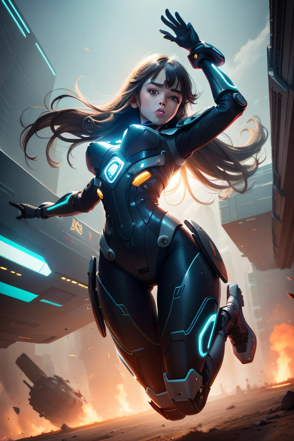 A lively, imaginative image of a girl in a mech suit, leaping gracefully across a futuristic battlefield. The girl's vibrant, vibrant color scheme contrasts with the muted, mechanical aesthetic of the suit. The vibrant colors and intricate details in the suit contrast beautifully with the sleek, futuristic design of the mech. The background features a wide-angle lens, emphasizing the dynamic nature of the scene. wide aperture, HDR, telephoto lens