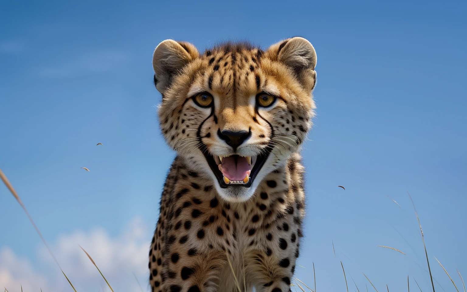 There was a cheetah standing in the grass, humanoid cheetah, cheetah, fierce expression 4k, digital art animal photo, cub, Big cat, Cheetah running over the clouds, front view dramatic, Front close-up, Startled, Big head, “portrait of a cartoon animal, extremely detailed frontal angle, spotted ultra realistic, author:Dietmar Dammelau