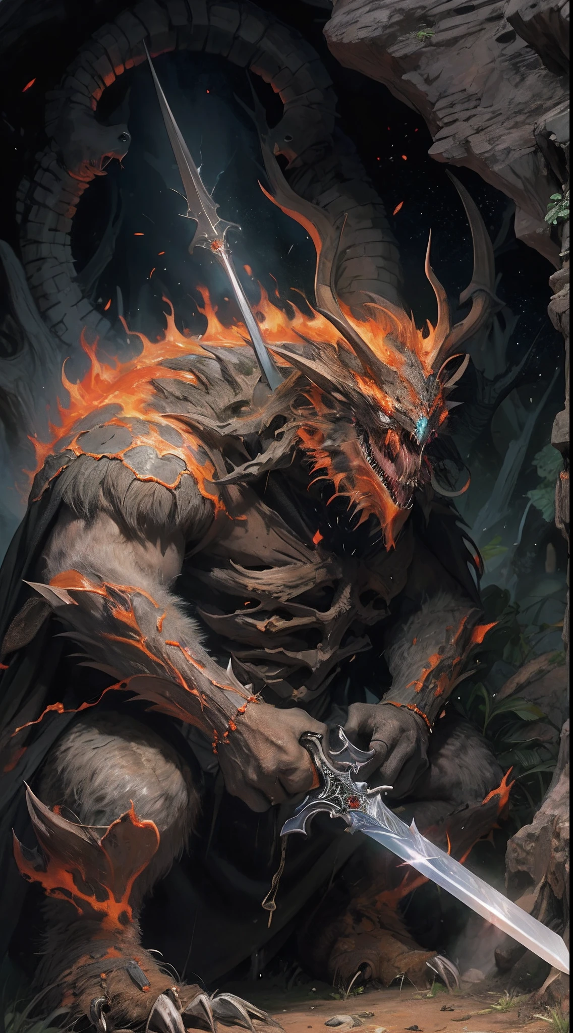 ultra detallado, beautiful and aesthetic, Beautiful, obra maestra , misterio , atmospheric , genial , sobrenatural , La mejor calidad , cueva , 1 hombre , 1 demonic monster , monstruo muy grande , Hombre matando monstruo , The man has a long black hooded robe , He can use magic , El monstruo tiene un cuerno muy grande , Monstruo respira hacer fuego , El hombre tiene una gran espada brillante , fantasy sword , 4 Little monster around the big monster , Magma alrededor del campo de batalla , The battlefield is in Cavern , Toda la cuevaa en llamas , La espada del hombre brilla , Acantilado de mayo y roca en Caverna , Caverna en llamas , (Caverna ultra detallada) , (Magma ultra detallado) , (Cara de hombre ultra detallada) , (Espada ultra detallada) , (Monstruo ultra detallado)