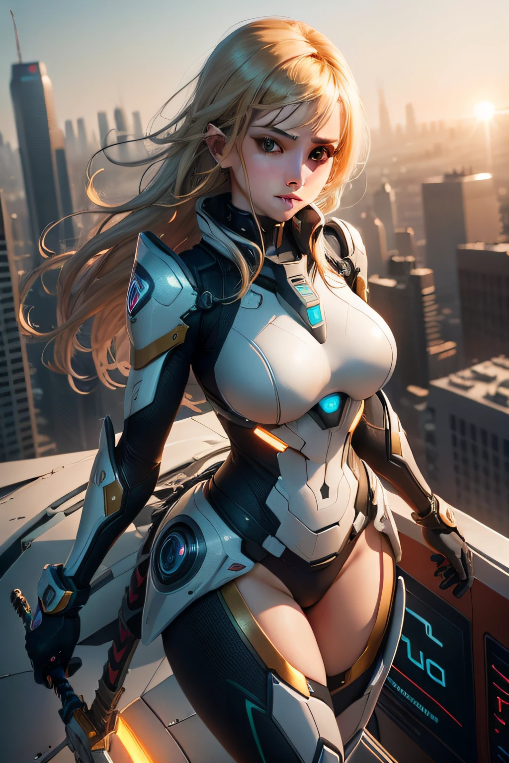 Woman in a futuristic suit standing in a futuristic city, Girl wearing mecha cyber armor, (Mechanized Valkyrie Girl), (Beautiful cyborg angel girl), Cyberpunk Girl Mecha, Unreal Engine Rendering + goddess, Cyberpunk Girl, Beautiful Caucasian girl cyborg、Medium chest、smile、(spread legs, one leg up)