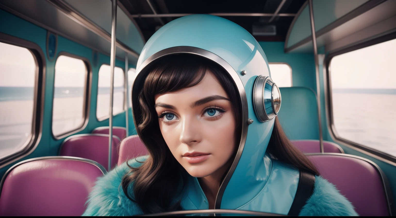 4k portrait of a 1960's sci-fi by Karel Zeman, vogue 1960's, pastel colors, male with a fish mask wearing weird retro futuristic clothes and a female wearing glass helmet and techno ornaments in the bus, natural light, psychedelia, weird futuristic, photorealistic, hyper detailed, sharp focus, intrincate, medium close-up