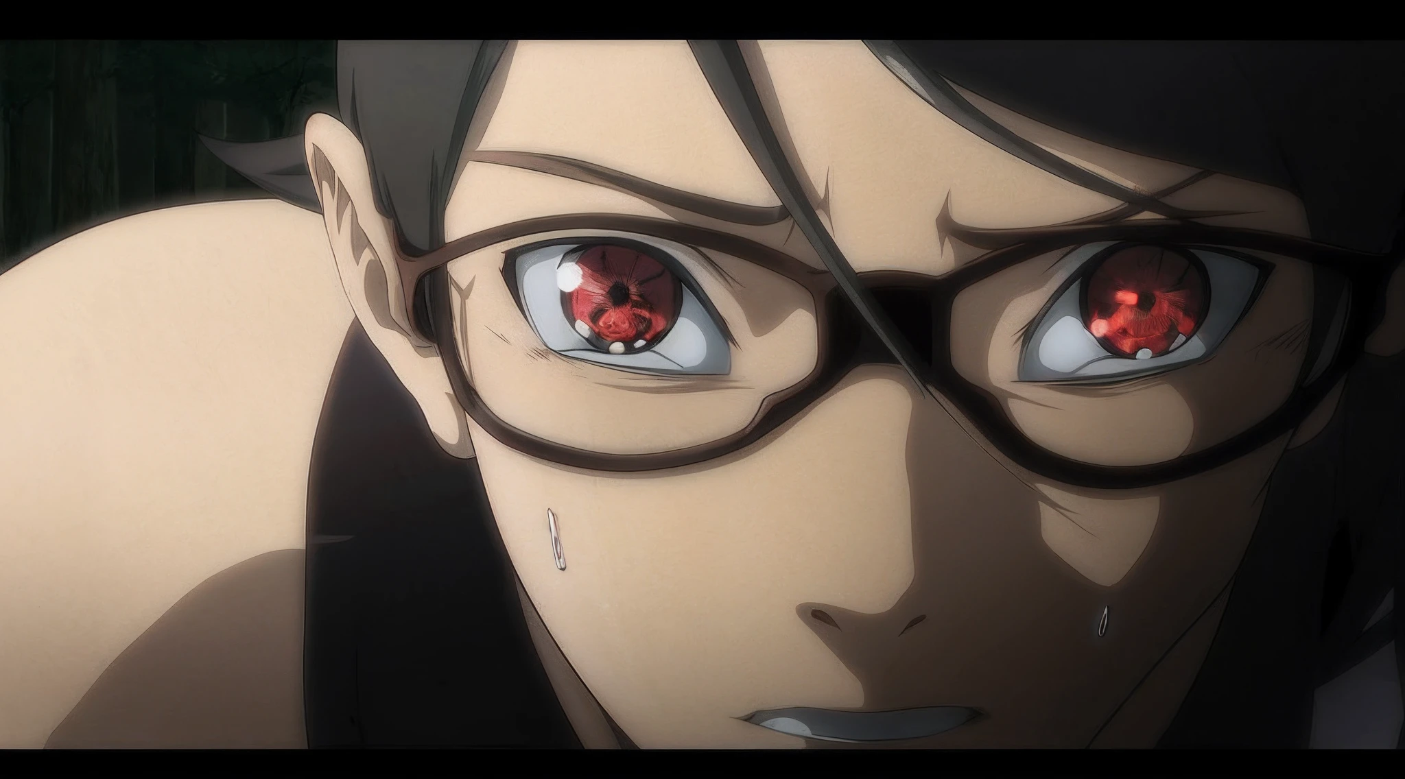 The character has black hair, which is styled in a way that it covers part of their face, particularly their right eye, They are wearing glasses with round frames, which are slightly askew due to the intensity of the scene, The character's expression is one of extreme distress or anger, Their eyes are wide open, showcasing visible pupils, and their eyebrows are furrowed, indicating strong emotions, The mouth is open in a grimace, displaying clenched teeth, which adds to the depiction of intense emotion, The character is holding a handgun to their head. The barrel of the gun is pressed against their temple, and the character’s hand is gripping the gun tightly, The angle of the gun suggests a sense of urgency or desperation, The background appears to be a dimly lit, industrial setting. This can be inferred from the metallic or steel structures visible behind the character, which could be part of a warehouse or factory, The scene is dark, with the primary source of light coming from the right side of the image, This light illuminates the gun and parts of the character's face, creating shadows that enhance the dramatic effect, The use of close-up framing focuses attention on the character's face and the gun, making the viewer feel the intensity of the moment, The image conveys a strong sense of tension, fear, or despair. The combination of the character's facial expression, the positioning of the gun, and the dark, foreboding background all contribute to a highly charged emotional atmosphere
