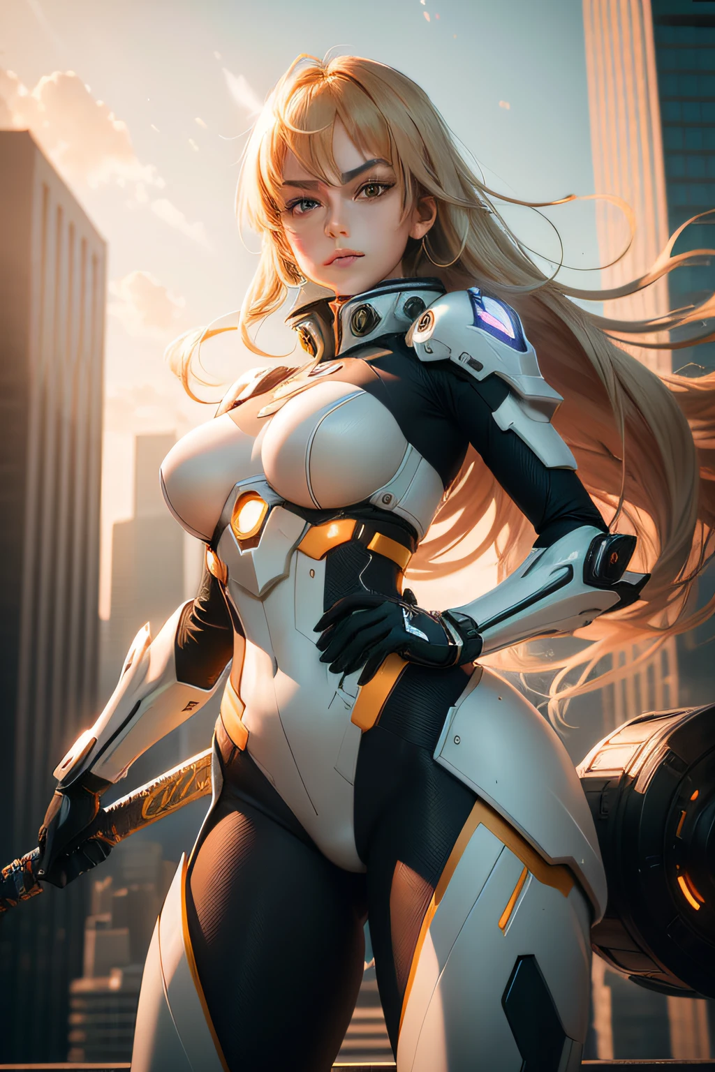 A captivating image of a beautiful, energetic girl standing proudly on a skyscraper rooftop, surrounded by her futuristic, mecha-inspired suit. She wields a large, powerful sword and poses confidently as she gestures with her eyes. The vibrant colors and details of the suit create a visually stunning contrast to the urban landscape below. The vibrant, bokeh effect of the sun casts a warm glow on the scene, and the background is blurred to create a soft, soft focus. wide aperture Ridgeline lens, fast shutter speed, golden hour lighting