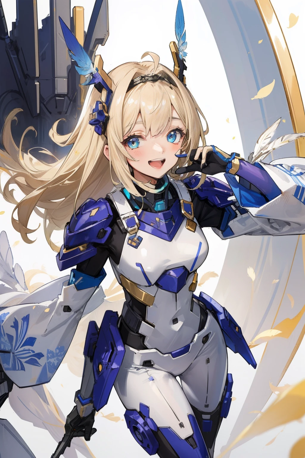 (master piece, Best Quality), Intricate details, valkyrie, kawaii, Happy smile, (((Laugh))), Hand up, Looking at Viewer, Feather Headgear, flower meadow,
1 girl in, Solo, Portrait, Tentacle plutinum blonde hair, single thighhigh, white Independent single sleeve, gloves,
mecha musume, Droid, mechs, White bodysuit, Silver Reinforced Suit, mini FEATHER wings, silver pantyhose, full armor,