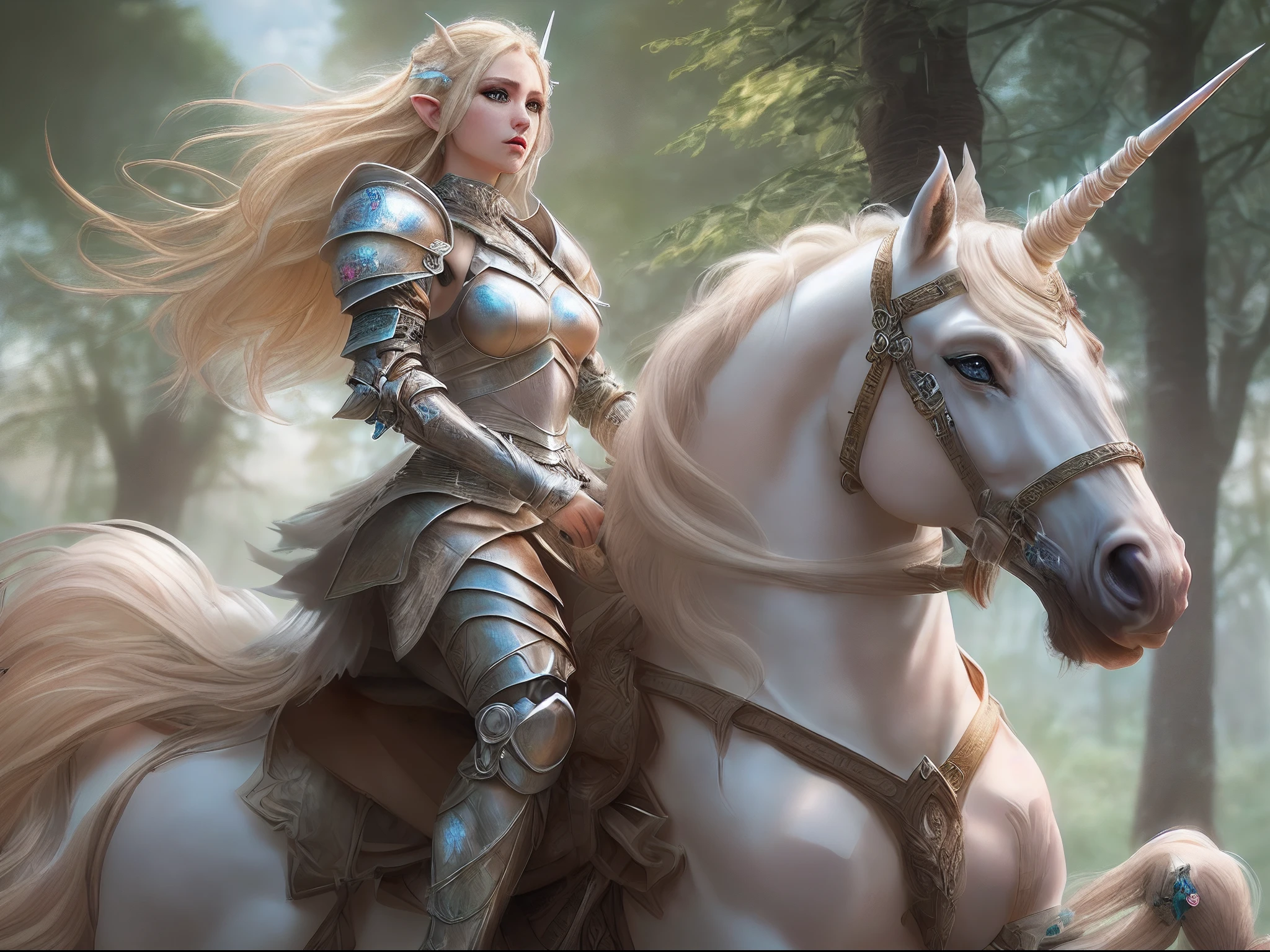 a illustration of a beautiful female elf knight riding a unicorn in the forest, female elf knight, extremely beautiful female elf (best details, Masterpiece, best quality: 1.5), ultra feminine princess, ultra detailed face (best details, Masterpiece, best quality: 1.5), determined face, ready for war, blond hair, long hair, wavy hair, dynamic eyes color, armed with a long sword, wearing leather armor, elven armor (best details, Masterpiece, best quality: 1.5), white unicorn,  fantasy forest and some clouds in the background, fantasy art dnd art, RPG art magv1ll, Ultra-Wide Angle, high detail, award winning, best quality, HD, 16K, high details, best quality, absurd highres, ultra wide angle, photorealistic, ultra realistic [[anatomically correct]], high details, best quality, 16k, [ultra detailed], masterpiece, best quality, (extremely detailed), ultra wide shot, photorealistic,