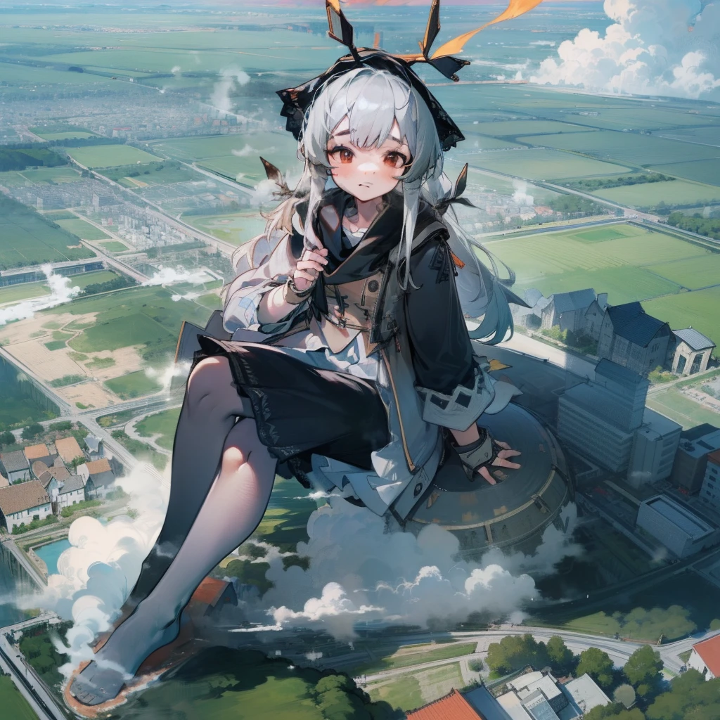 NSFW，Clouds， view over city， Masterpiece, Best quality, Highly detailed,Masterpiece,Best quality,offcial art,Extremely detailed Cg Unity 8K wallpaper，{{{Giantess}}}，Giant，1girll，modern miniature city，A cold expression，Sit on a modern miniature city ，The feet emit steam，Smash the city，