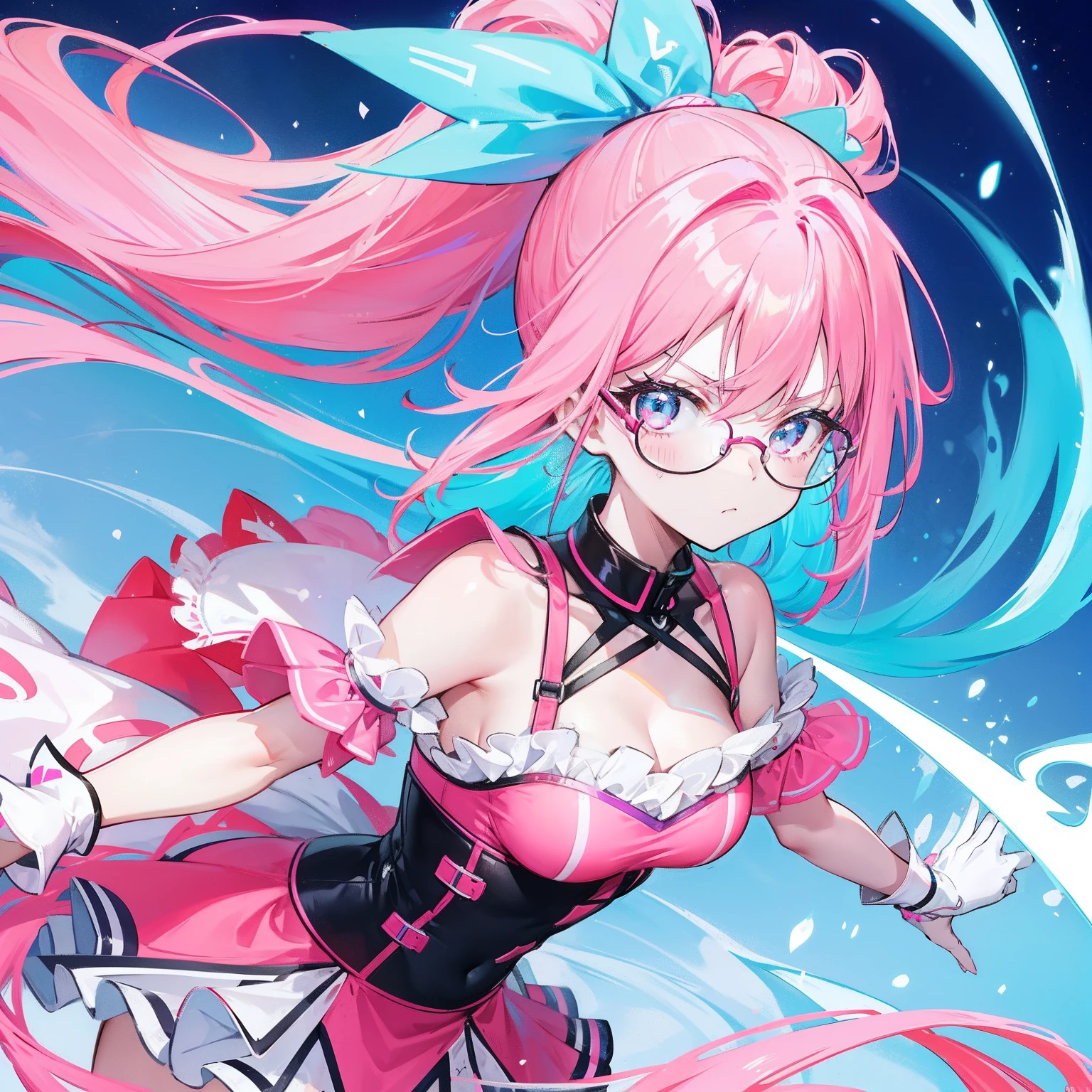 Neon-like vivid blue gradient to bright pink hair,Tied with a high ponytail,With round thick-rimmed glasses,Pink collar,red colour,In pink,Yellow with cream dress,A cute girl who looks fierce