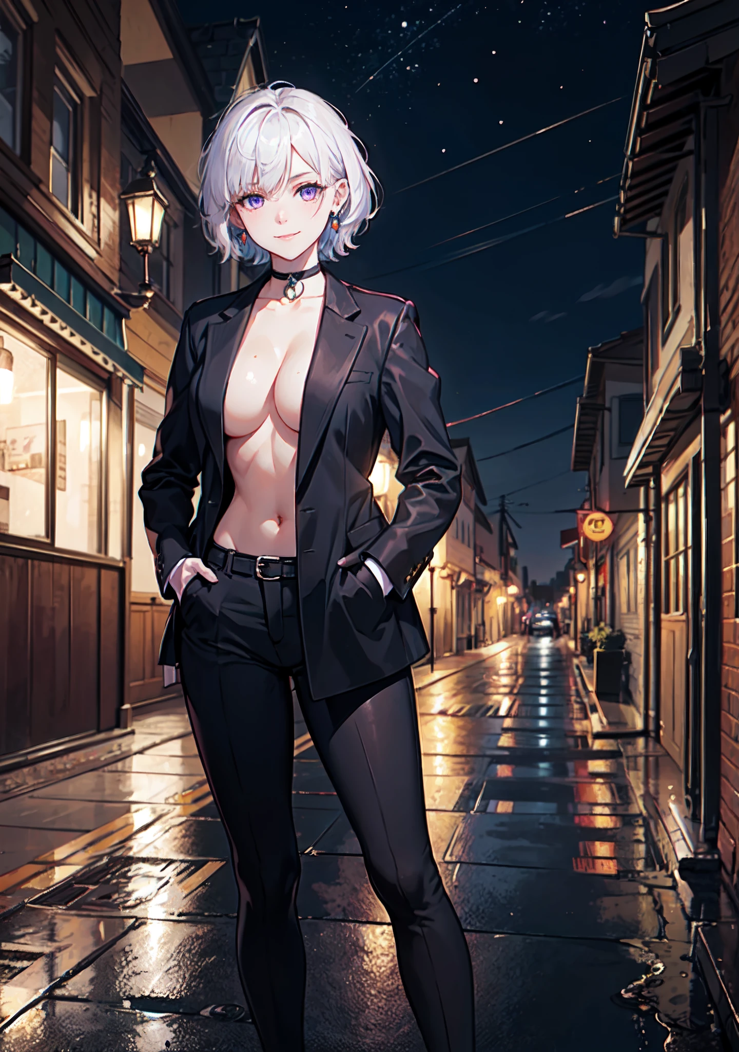 (masterpiece, best quality:1.2), cowboy shot, solo, 1girl, white hair, short wavy hair, purple eyes, (large breasts: 1.2), cleavage, slender body, light smile, looking at viewer, hands in pockets, formal, dark suit, topless, black pants, choker, earrings, cityscape scenery, street, night light,