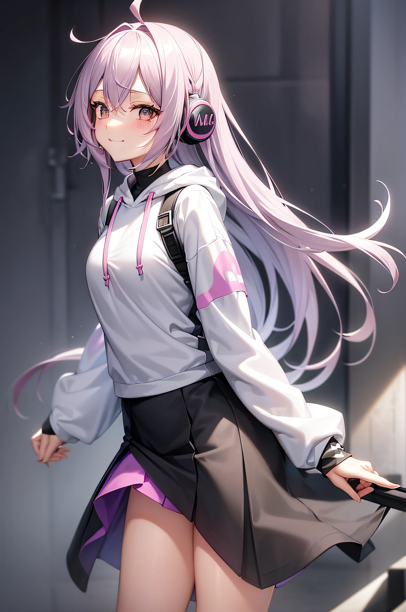 in detail、In more detail、Hair with pink mesh on gray hair、10Female Generation、Wearing earphones、From head to toe、Upper body hoodie、Lower body miniskirt、Soft skin、a smile、The background is a rainbow-colored swirl、