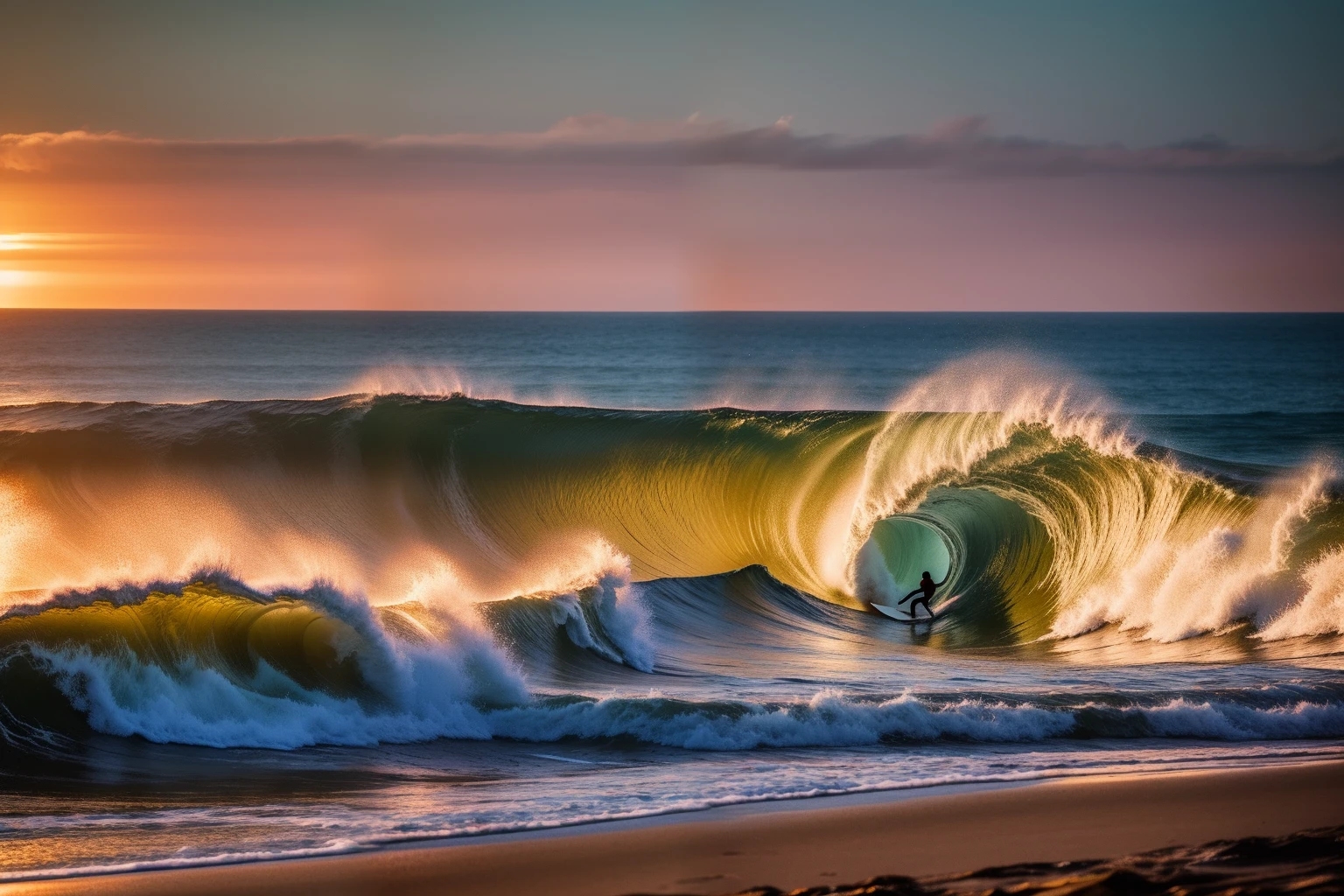 late sunset，In a bay，Great waves roll over，The surfers are dressed in orange tracksuits，Pierce through the wave hole，Lighthouse in the distance