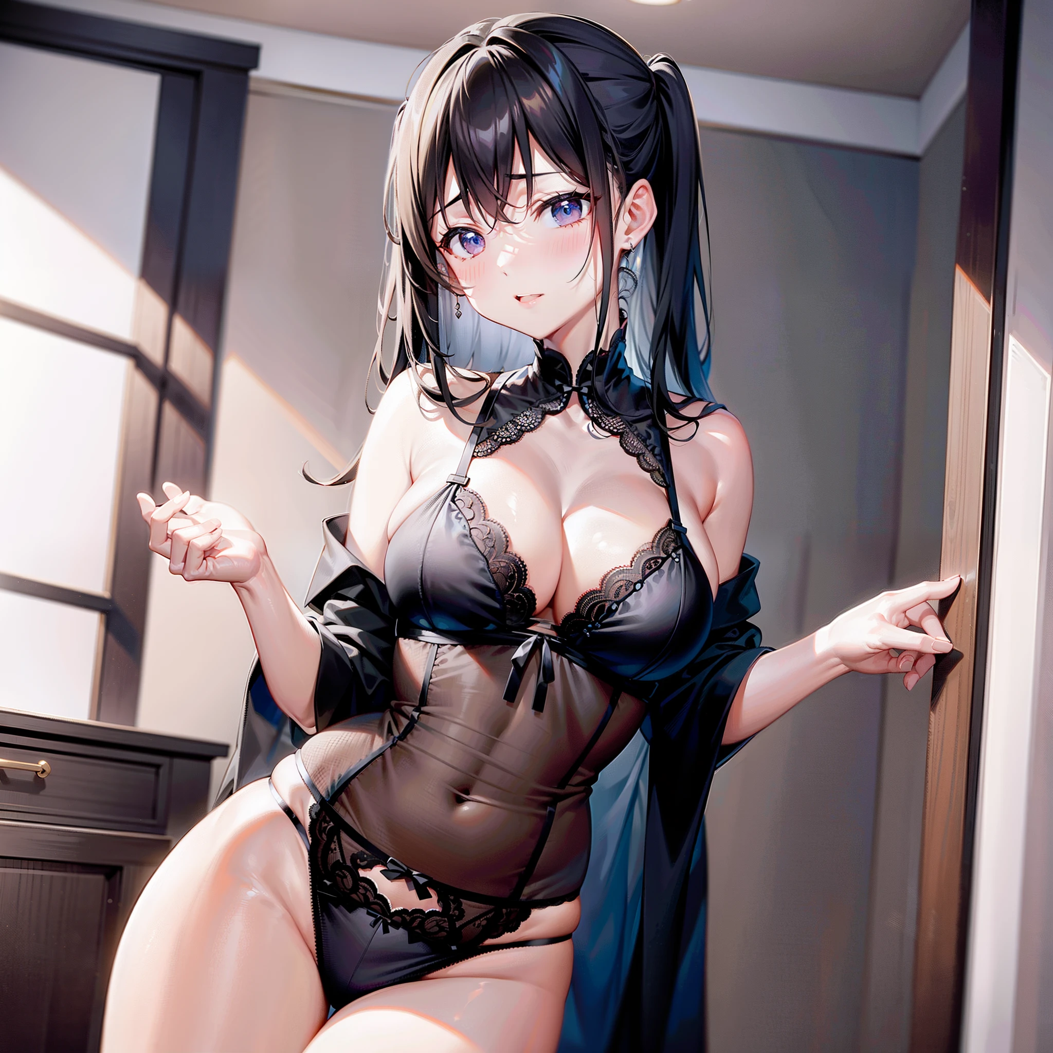 1girll,black lace cleavage underwear,Standing in the living room,独奏