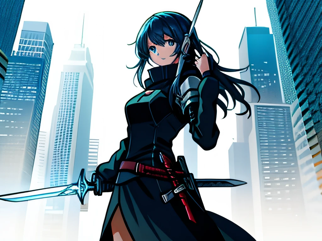 (A cold 20 woman:1.5),(With a long sword in her hand:1.6)