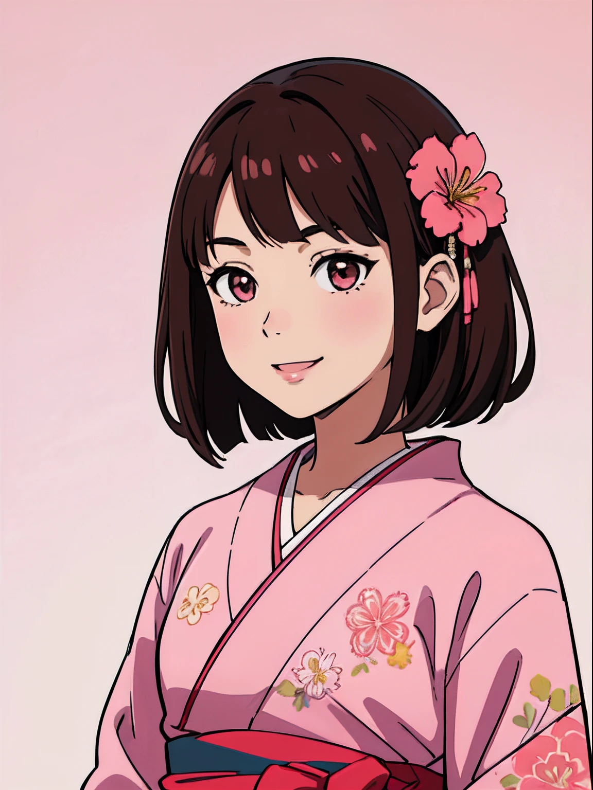 simple background、1人の女性、(masterpiece、top-quality:1.2)、((facing front:1.2))、A smile、Aligned bangs、Bob Hair、dark brown hair、Floral hair ornament、The eye:Pink Brown、Young woman at 、((The upper part of the body:1.2))、Promotional Art、offcial art、Pink kimono