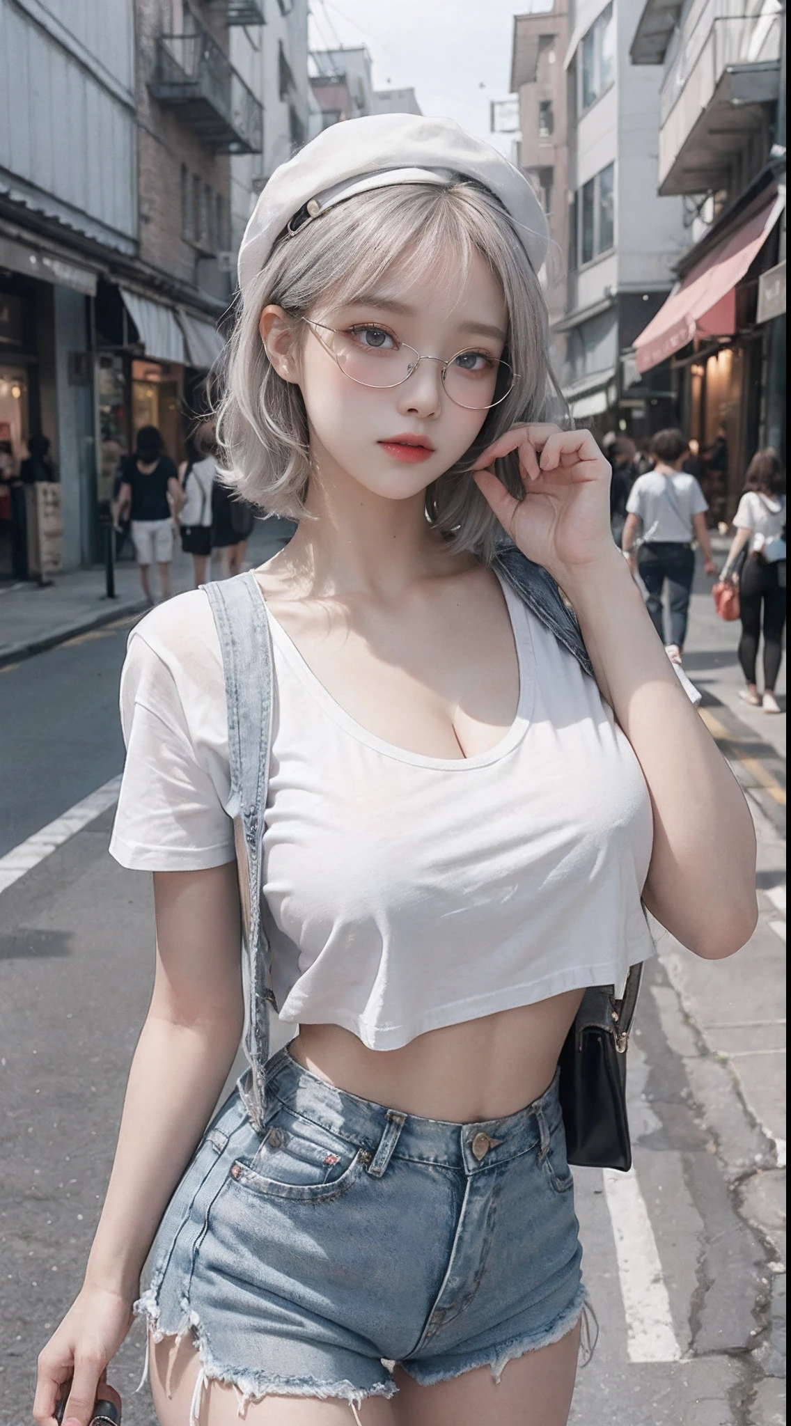 Top image quality、Raw photography、超A high resolution、18-year-old Korean、Glasses beauty、Colossal tits:1.5、cleavage of the breast:1.5、fair white skin、shiny white skin、(short bobbed hair)、((bright silver hair、bright white hair))、Beautiful eyes with random colors、very thin lips、beautiful eyes finely detailed、elongated eyes、pale pink blush、long eyeslashes、Beautiful double eyelids、eyeshadows、耳Nipple Ring、(Fashionable glasses、white tee、denim short pants、caps、beautiful legs)、street snap