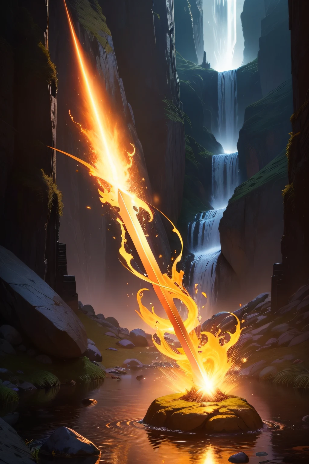 A captivating image of an unusual item, depicting a vivid, unusual image of the object in the sunlight. The blade of the sword is bright and vibrant, creating a warm, ethereal glow on the stone floor. A fiery mane of fire gracefully swirls around the blade, showcasing its power. In the background, a small waterfall of water cascades, casting a warm, golden glow on the scene. wide aperture, low light, macro