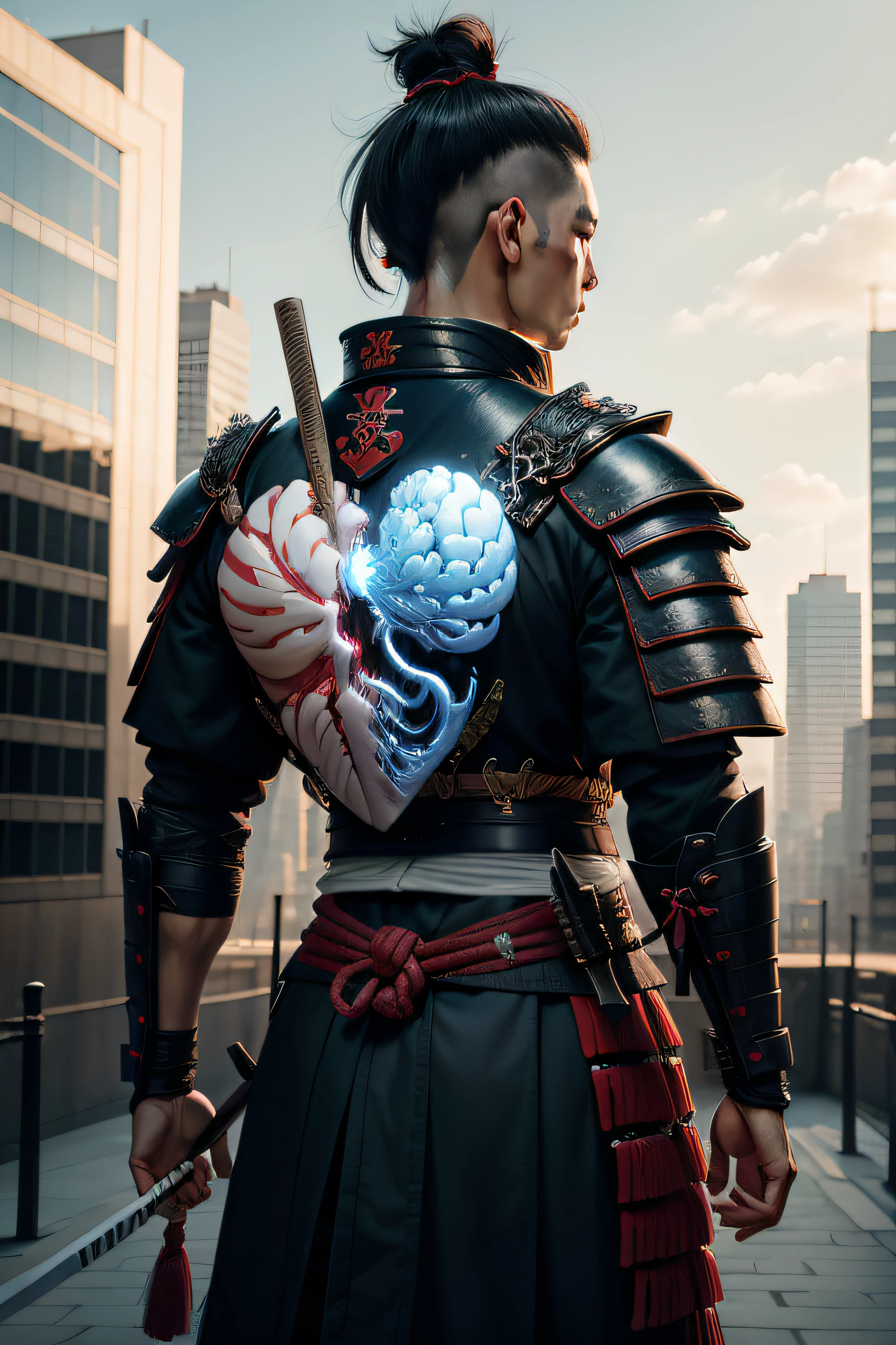 Create a Samurai on his back, facing the buildings in the background, with a clear blue sky, holding in one hand a heart and in the other a brain, high resolution image at 8k