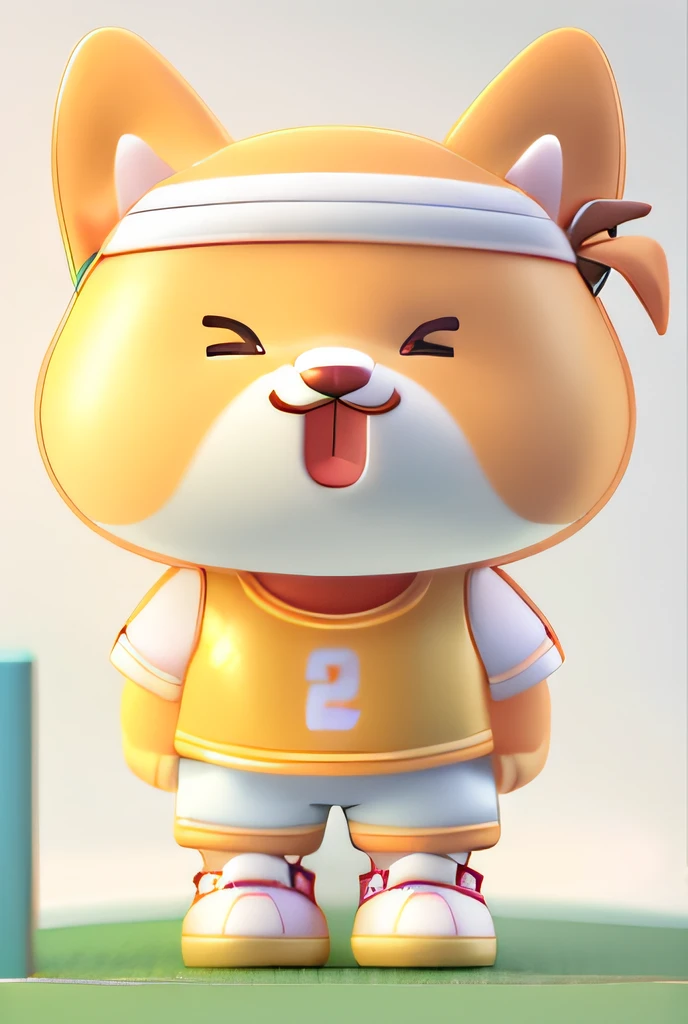 Cartoon cat with basketball uniform and headband sticking out, Anthropomorphic Shiba Inu, shiba inu face, Shiba dog，Bubble Mart，Does not change the color of the dog，white clean background，adolable，blindbox，exquisite facial features