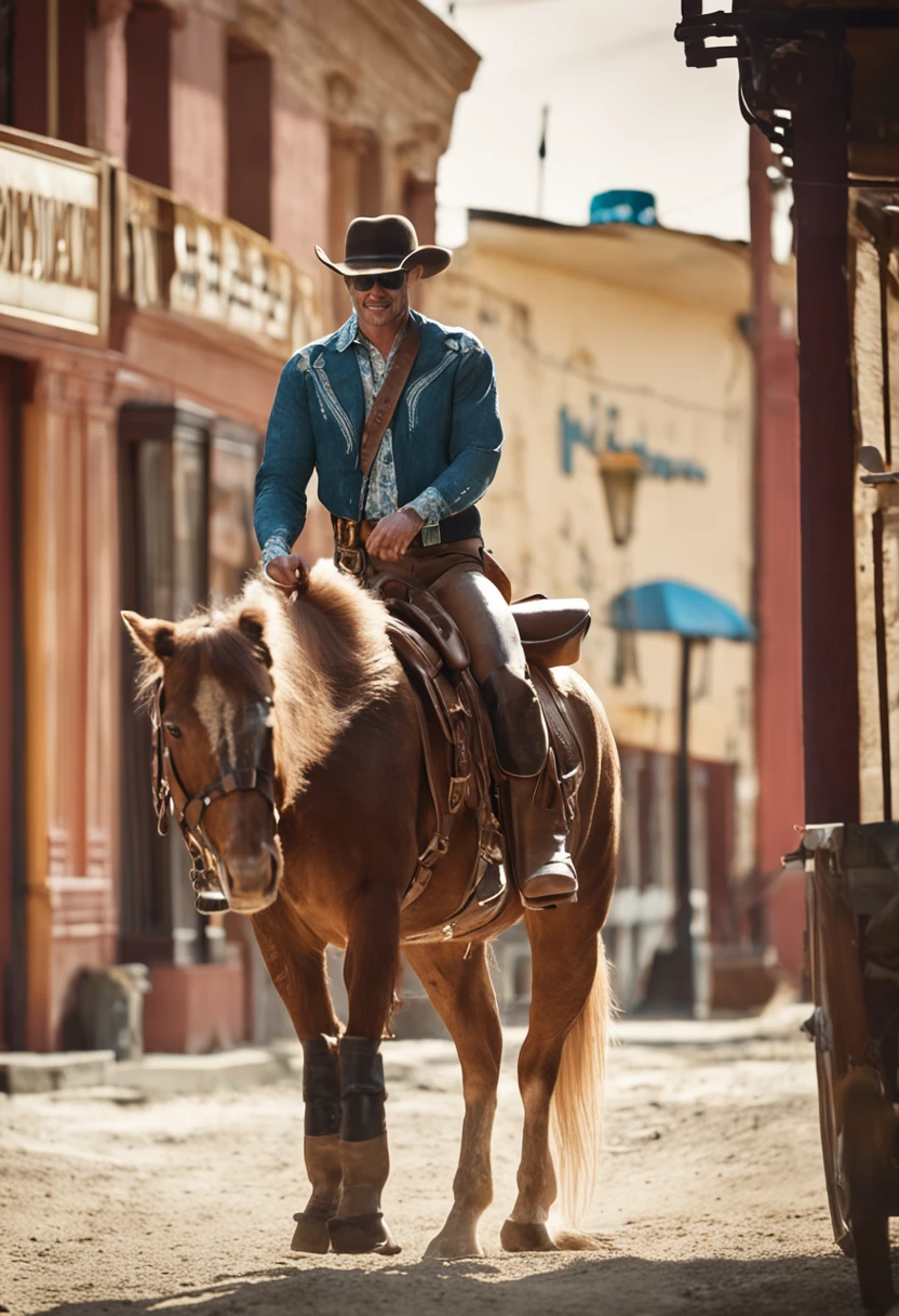 Cute chimpanzee dressed on cowboy attire, chaps, boots, western hat, sunglasses, holster, wearing sunglasses, on a palomino horse in an old time western town, 8k,