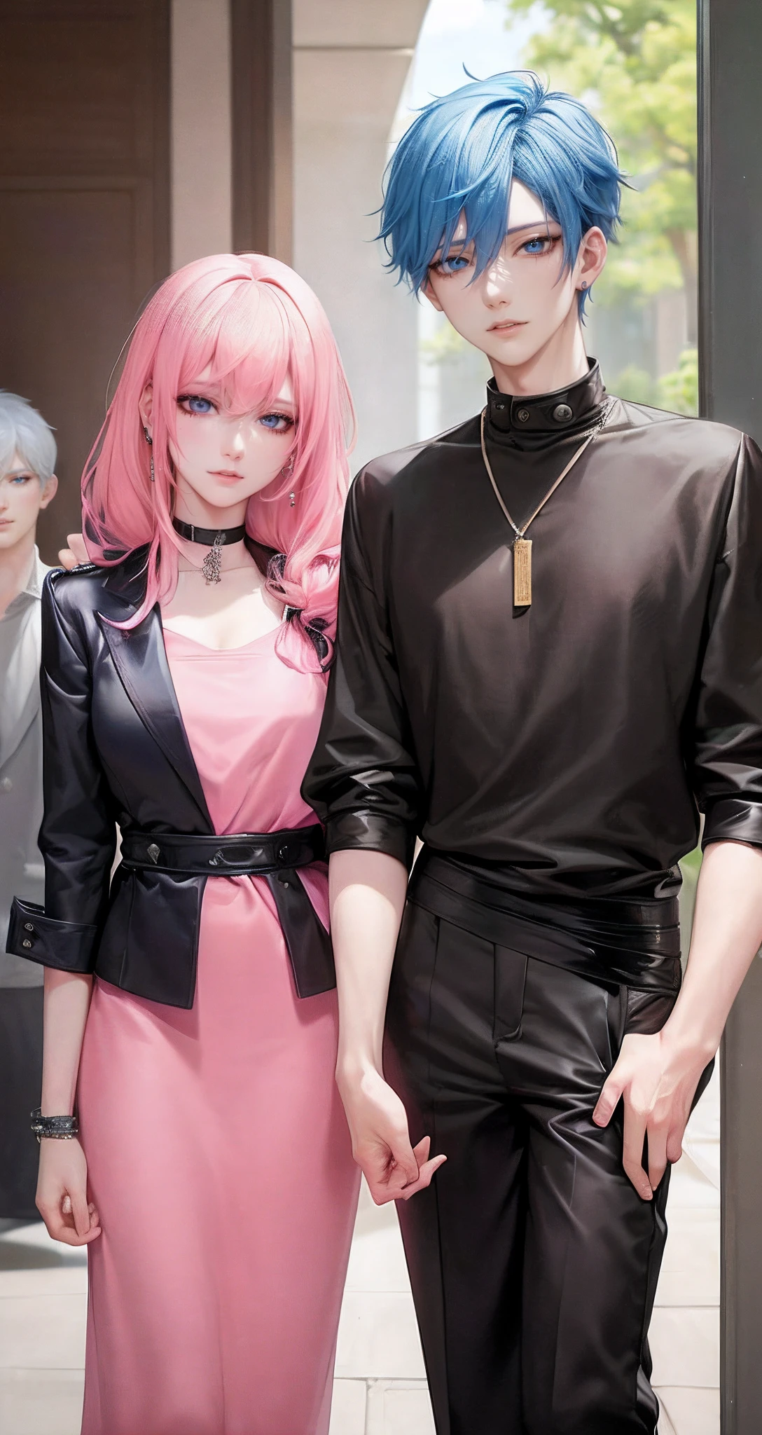 ((Male and female couples)), window, Idol Photos, Magazine covers, Photos of actors, Professional Photos, Height difference, tall male, Happiness, youthfulness, extra detailed face, detailed punk hair, very detailed character, inspired by Sim Sa-jeong, Cai Xukun's, detailed realistic faces, highly detailed realistic face, high detailed face anime, realistic detailed face, Accurate detailed face, attractive androgynous humanoid, Cool Korean fashion in black, ((With a man with light blue hair)), ((Woman with pink hair)), ((Woman with long hair below waist)), ((Man with short hair over ears)), ((Pink hair woman with gentle expression)), ((Man with light blue hair with wild expression)), high-level image quality, masterpiece, Photographed so that the whole body can be seen, Photographed to make clothes look beautiful, Take your eyes off, ((two individuals)), ((British couple))