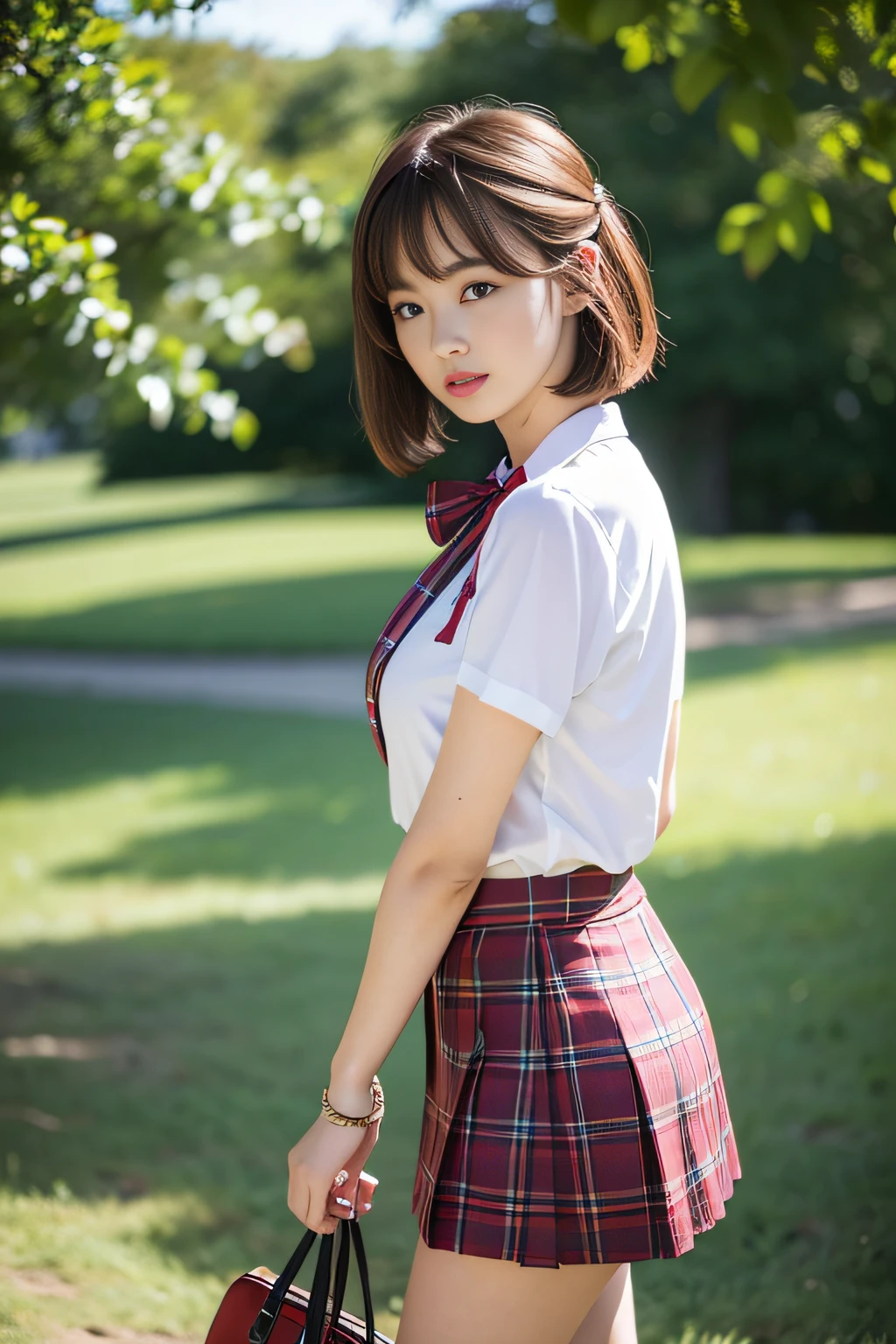 NSFW, 8K Raw photograph, best qualtiy, tmasterpiece, 超高分辨率, filmgrain, cinematic ligh,2girls, looking at viewert, Natural skin texture, Realistic Eyes and Face Details, full pouty lips, lipsticks, (putting makeup on), Red eyeshadow, Short fluffy hair, messy hair, ssmile, Keep one's mouth shut, beautifullegs, Tall women, being thin, Slim_Legs, 独奏, Pose with your hips facing you, Superskirt, hindquarters, The shirt, Beautiful natural location, Location of flowers around, (detailedbackground), Plaid skirts, white shirt, Show a little through the shirt, Loafer shoes, vague background, bblurry, halter, tartan, short- sleeved, JK ribbon around the neck, JK ribbon, brown hair, bangle, Eau, By bangs, parted lip,From the side Side, pleatedskirt, depth of fields