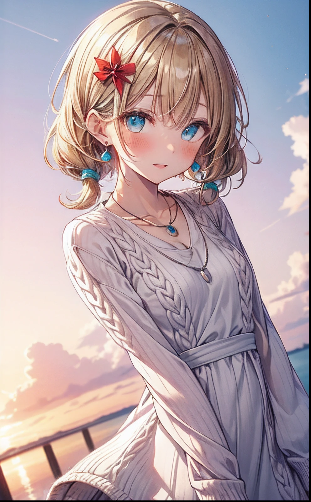 absurderes, ultra-detailliert,bright colour, extremely beautiful detailed anime face and eyes, view straight on, ;D, shiny_skin,25 years old, Short hair, forehead, Blonde hair with short twin tails, Shiny hair, Delicate beautiful face, red blush、(cyan eyes:1.1), White skin, hair clips, earrings, a necklace, (praid knit dress:1.5), Beautiful cloud, Dusk sky,