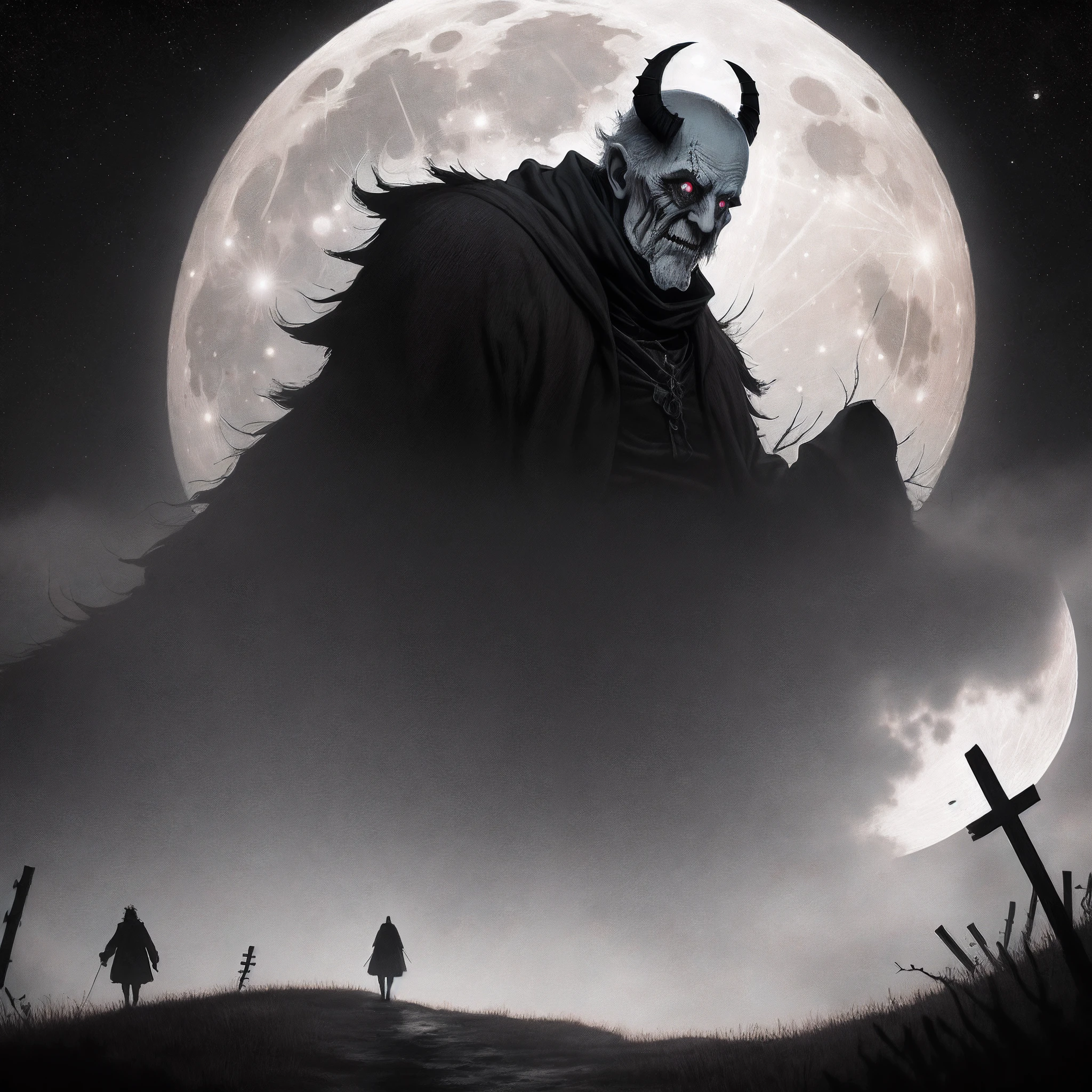 Horror old man demon haunts the moon in the distance