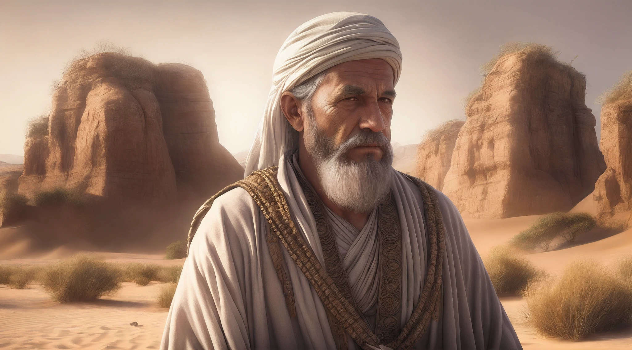 Homem arafed em um deserto com um turbante branco e uma barba, portrait of bedouin d&d, arab man light beard, arab man, Sheikh, Deserto Fighter Mago Antigo, retrato detalhado do caractere, middle eastern skin, renderizado em corona, Wise old man, inspired by Kamāl ud-Dīn Behzād, pintura digital muito detalhada